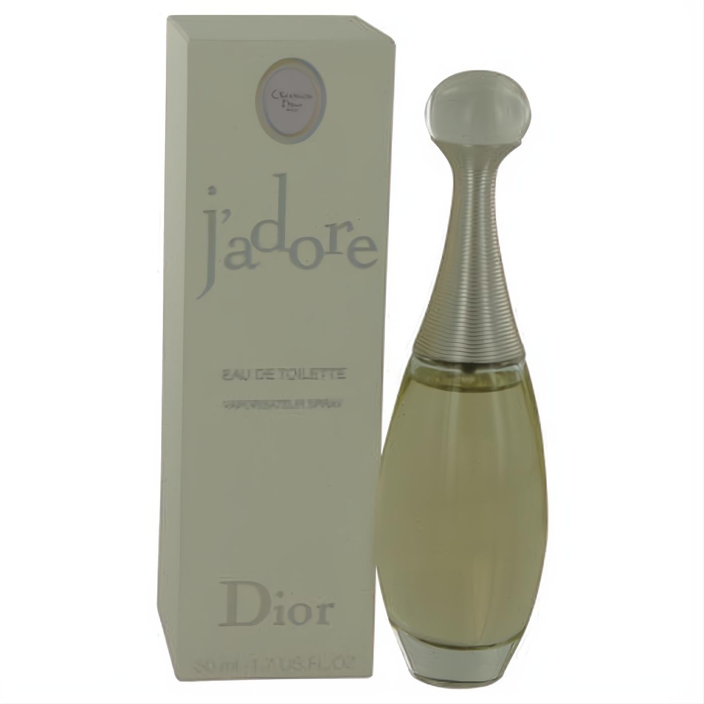 Jadore by Christian Dior 1.7 oz EDT spray. Iconic clear glass bottle with golden liquid, elegant silver ribbed neck, and cream box.