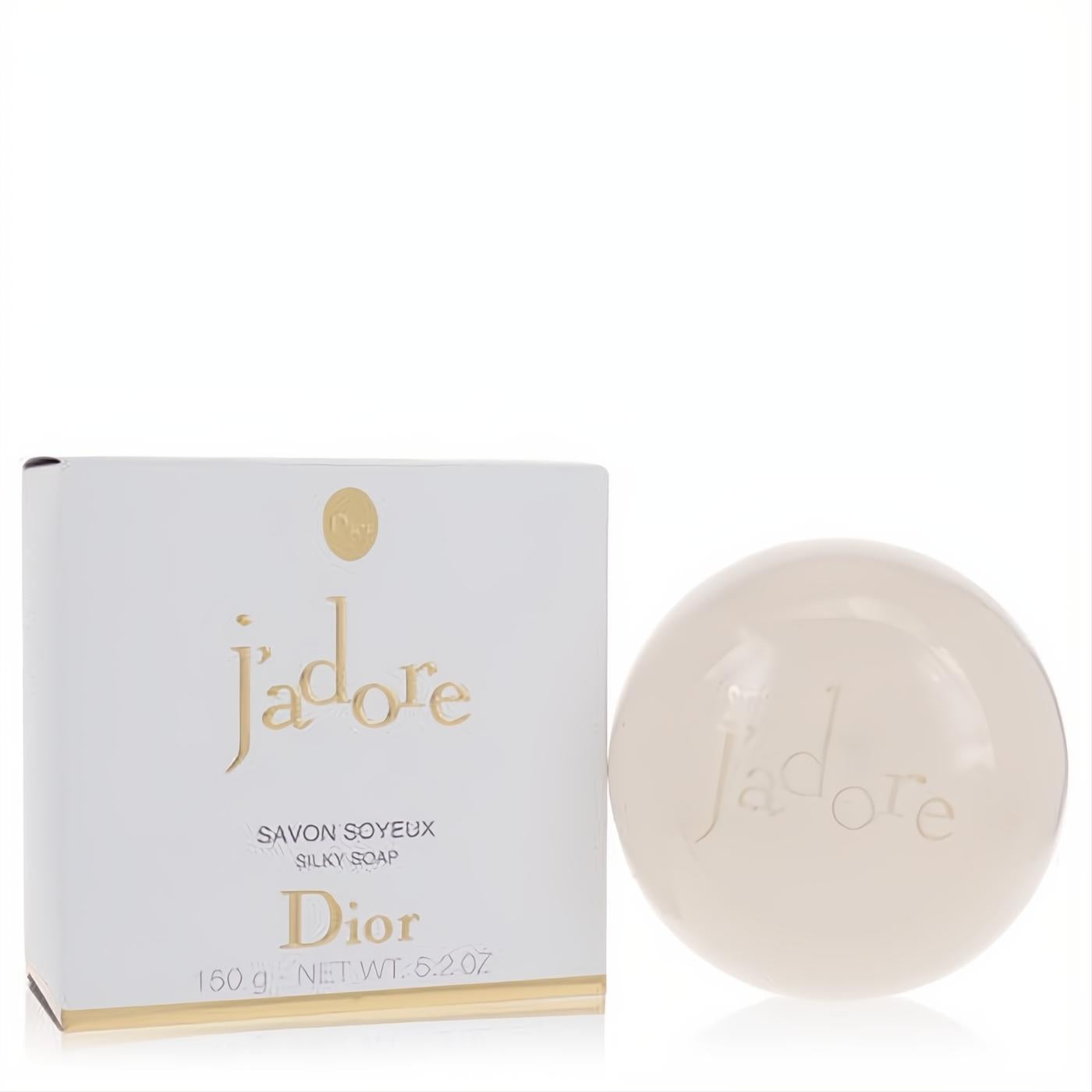 Luxurious Jadore by Dior 5.2 oz silky soap, a translucent sphere embossed with 'j'adore', presented in its elegant white and gold box.