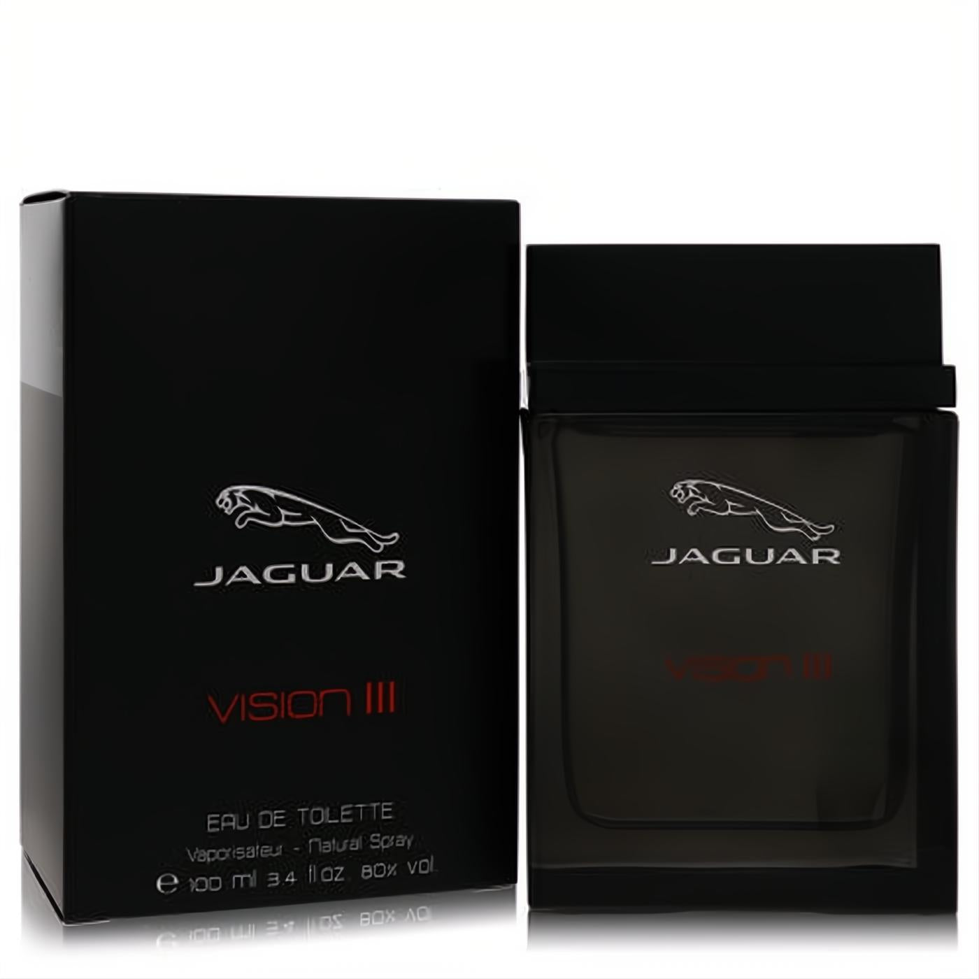 Jaguar Vision III 3.4 oz EDT for men. Elegant black glass bottle and box, featuring the iconic silver Jaguar logo and bold red text.