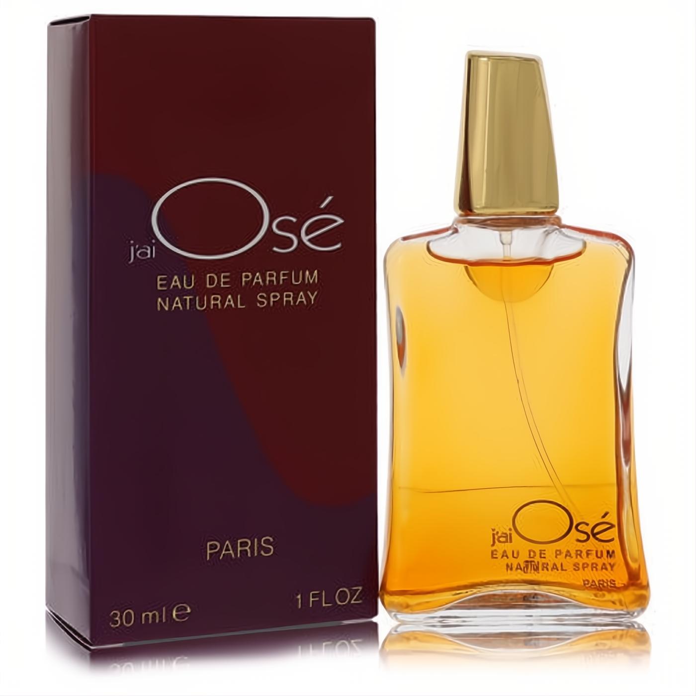 Luxurious Jai Ose Guy Laroche 1 oz EDP spray. Golden liquid in a sleek glass bottle with a gold cap, beside its chic burgundy box.