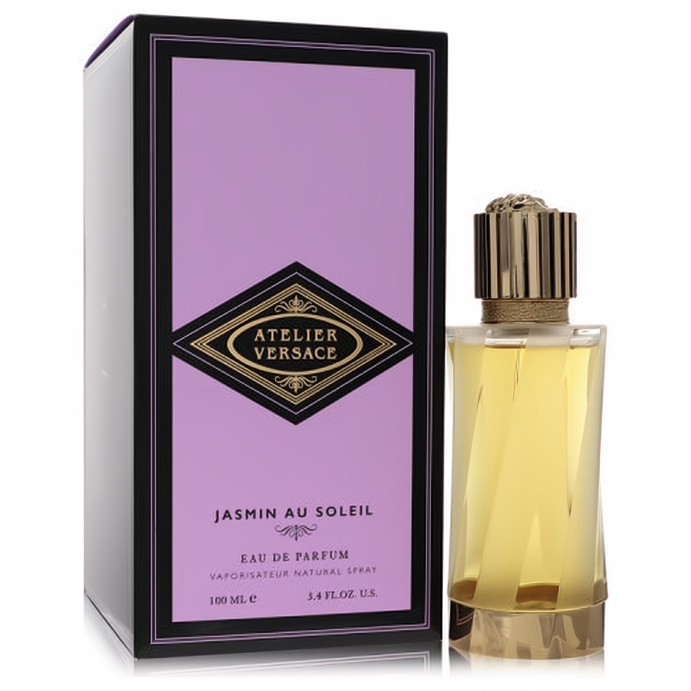 Elegant Versace Jasmin Au Soleil 3.4 oz Eau de Parfum. Clear glass bottle with luxurious gold cap and iconic black & lavender box.