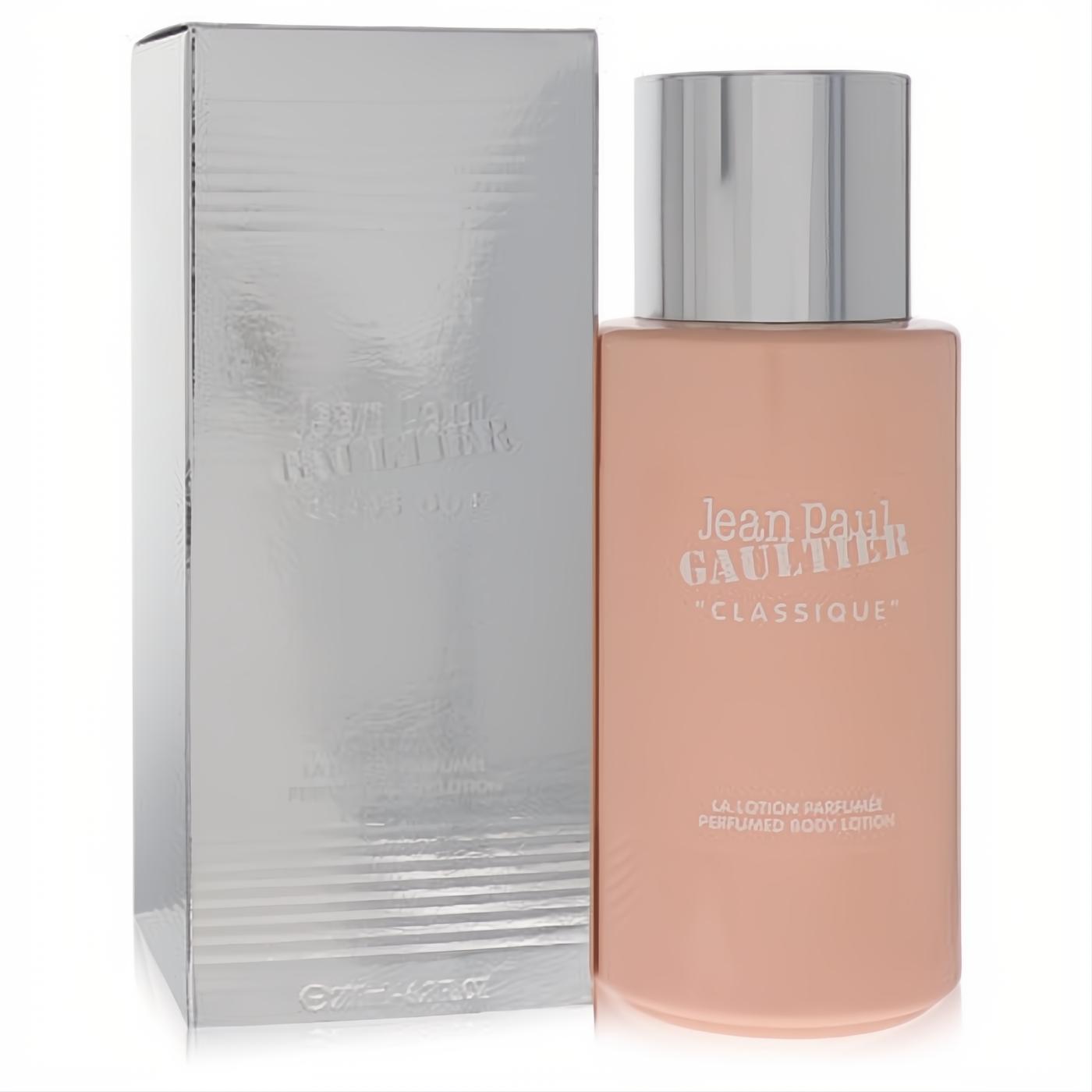 Luxurious Jean Paul Gaultier Classique women's perfumed body lotion, 6.7 oz. Peach bottle, silver cap, and elegant silver box.