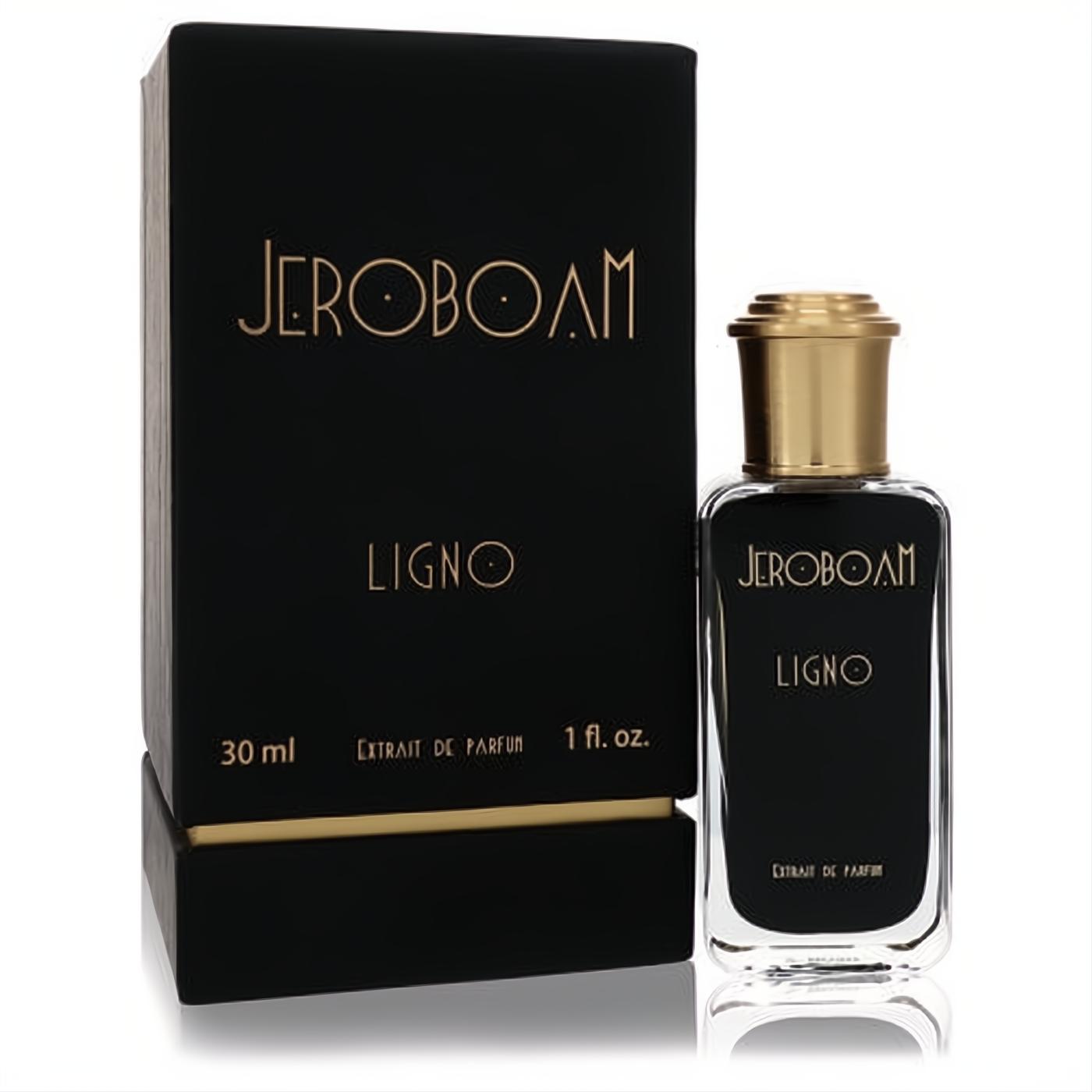 Sophisticated Jeroboam Ligno 1 oz Extrait De Parfum. Black box and clear bottle with rich black liquid and elegant gold cap.