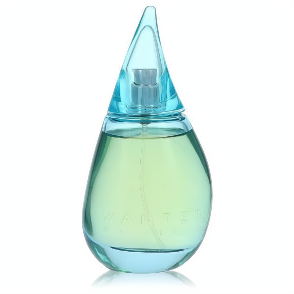 Captivating Jesse McCartney Wanted 3.4 oz women's EDP spray in a unique aqua teardrop glass bottle with refreshing green liquid.