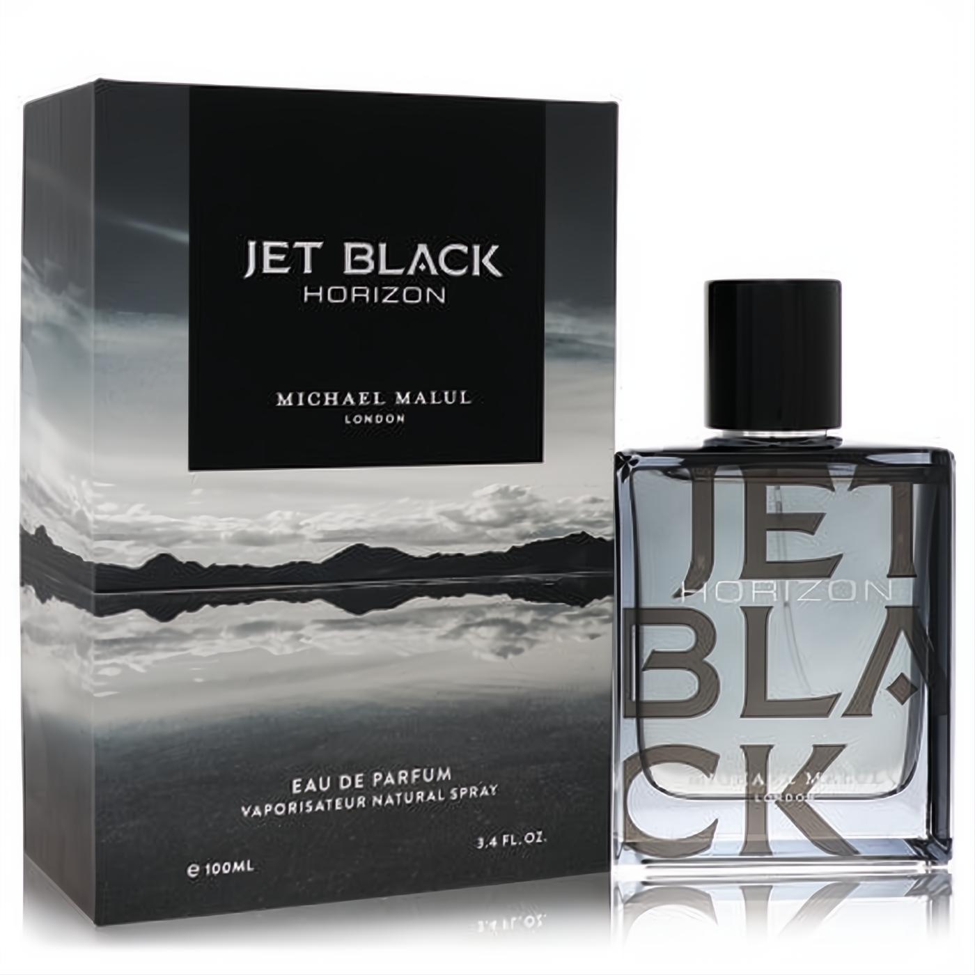Jet Black Horizon 3.4 oz Eau De Parfum by Michael Malul. Elegant clear bottle, black cap, and striking black & white landscape box.