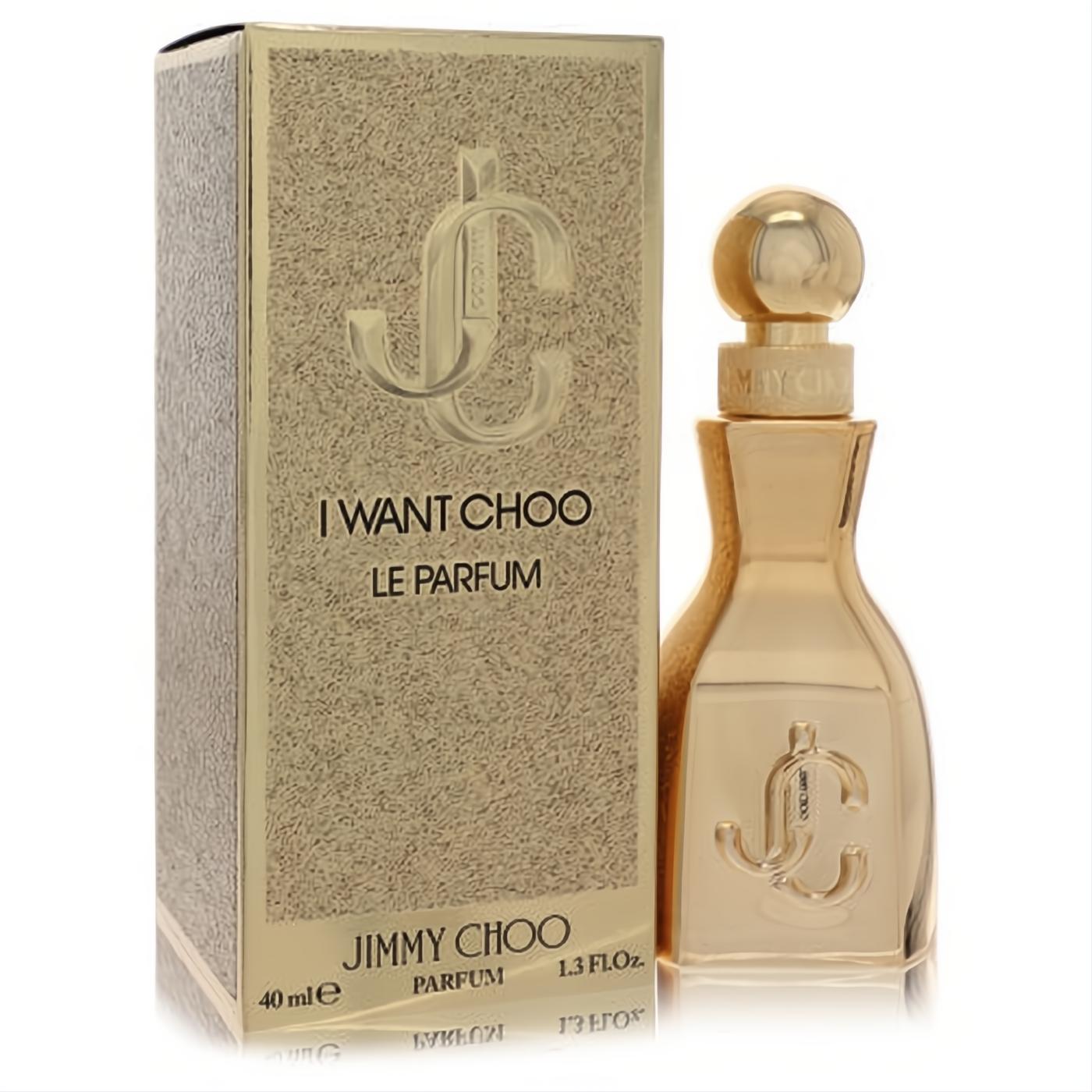 Stunning gold Jimmy Choo I Want Choo Le Parfum 1.3 oz EDP spray. Elegant bottle and textured box with iconic JC logo.