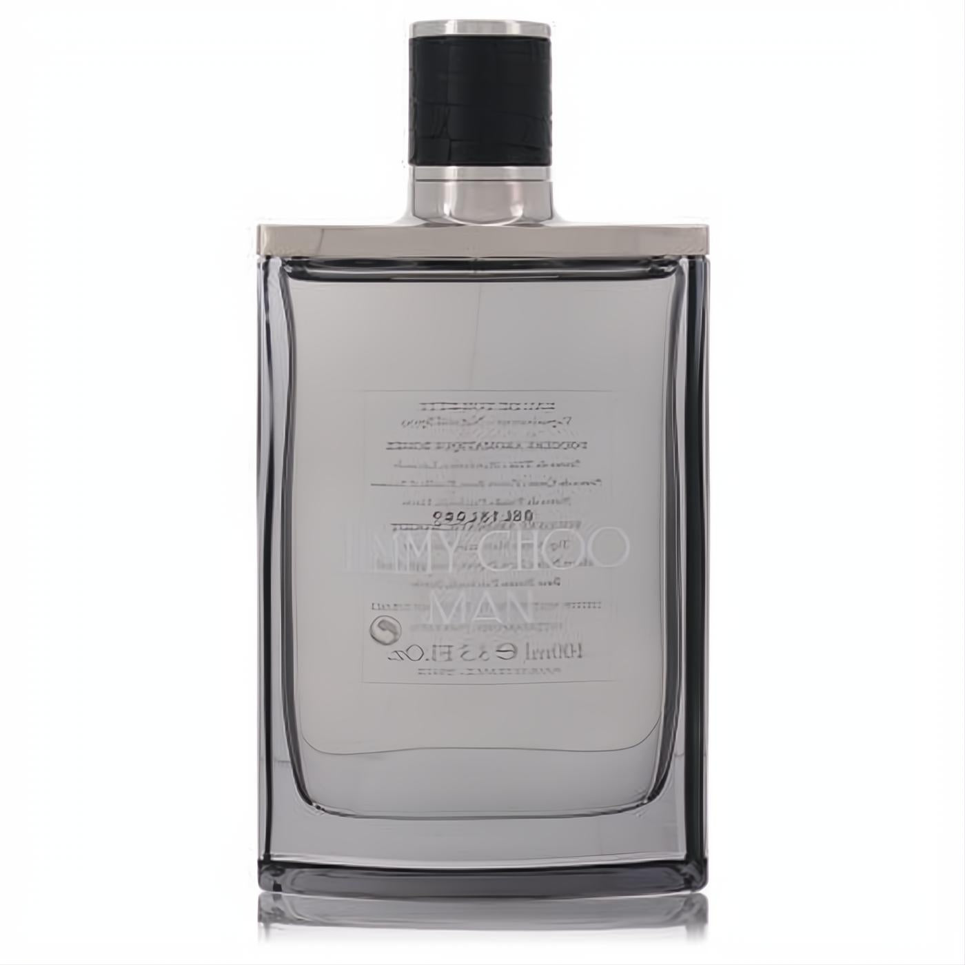 Jimmy Choo Man 3.3 oz EDT tester. Sleek grey glass bottle with a black textured cap and silver accents, embodying masculine sophistication.