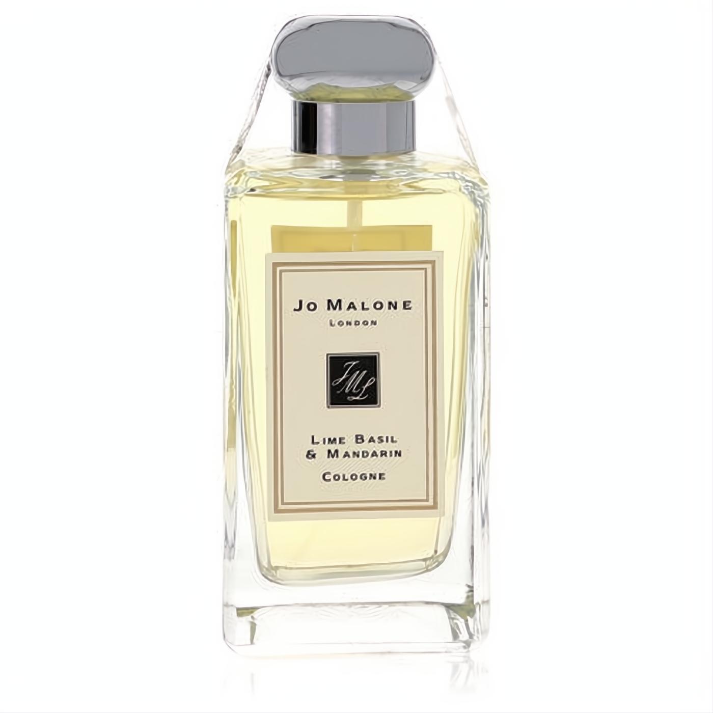 Iconic Jo Malone Lime Basil & Mandarin unisex cologne. Clear glass bottle, pale yellow liquid, elegant cream label, sleek silver cap.