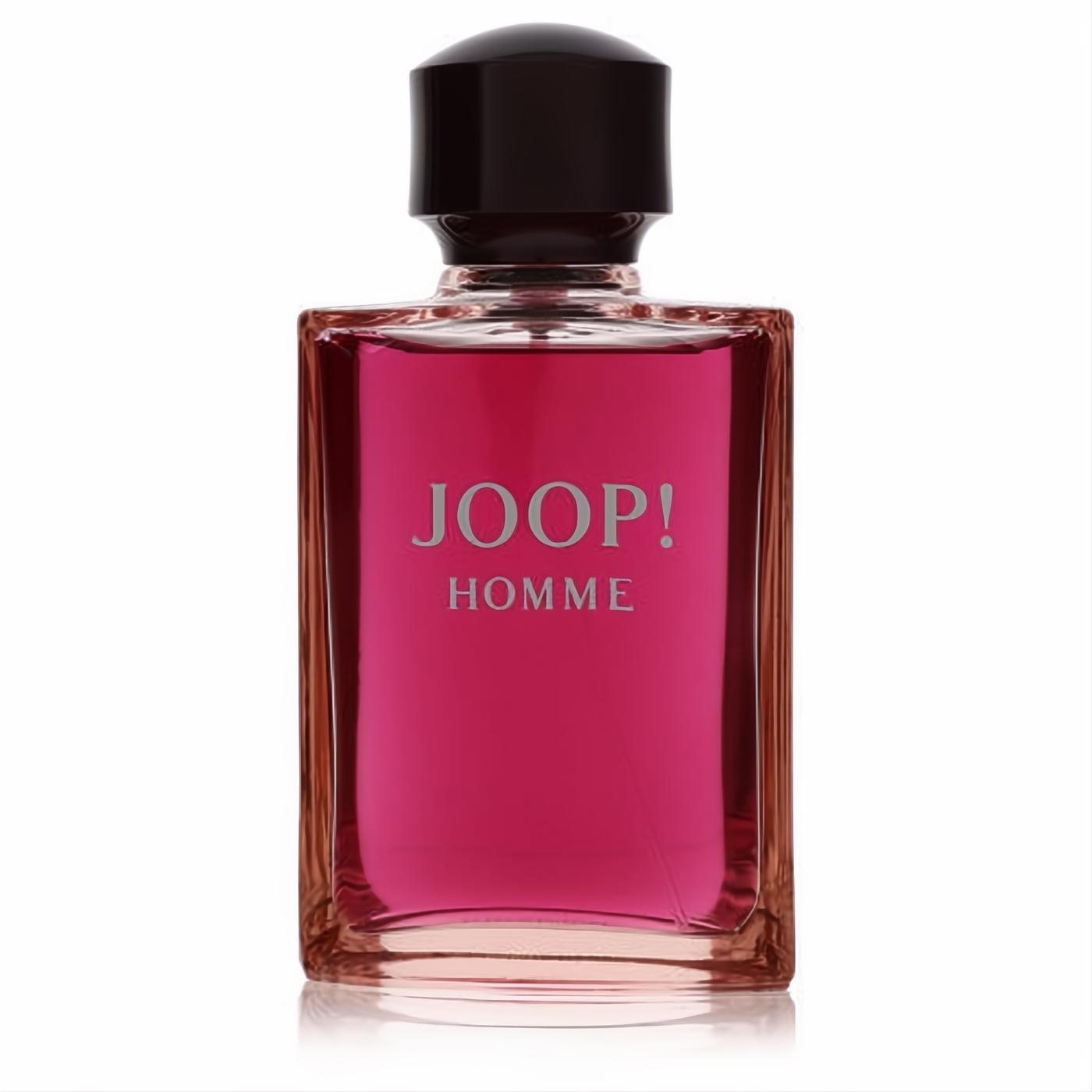 Joop! Homme men's 4.2 oz Eau De Toilette spray, a vibrant pink fragrance in a sleek clear glass bottle with a black cap.