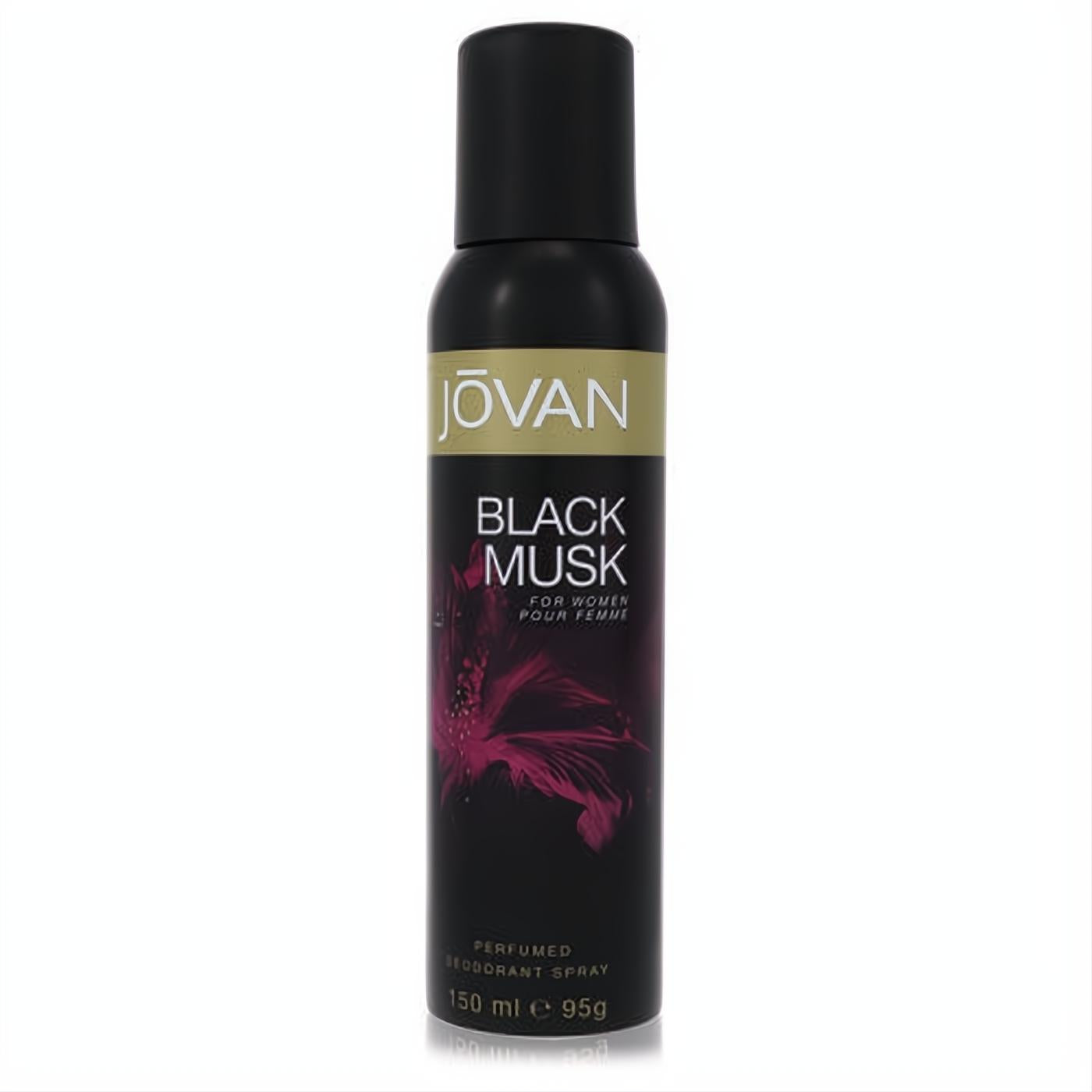 Jovan Black Musk 5 oz women's perfumed deodorant spray. Sleek black can with elegant gold branding and a vibrant pink floral design.