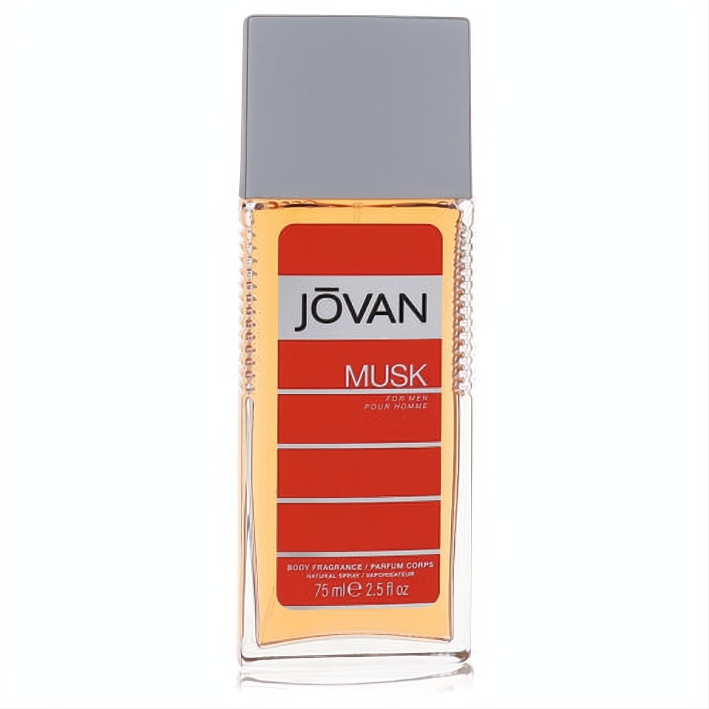 Elevate your scent with Jovan Musk men's body spray, 2.5 oz. Clear bottle, bold red label, sleek gray cap, ribbed design.
