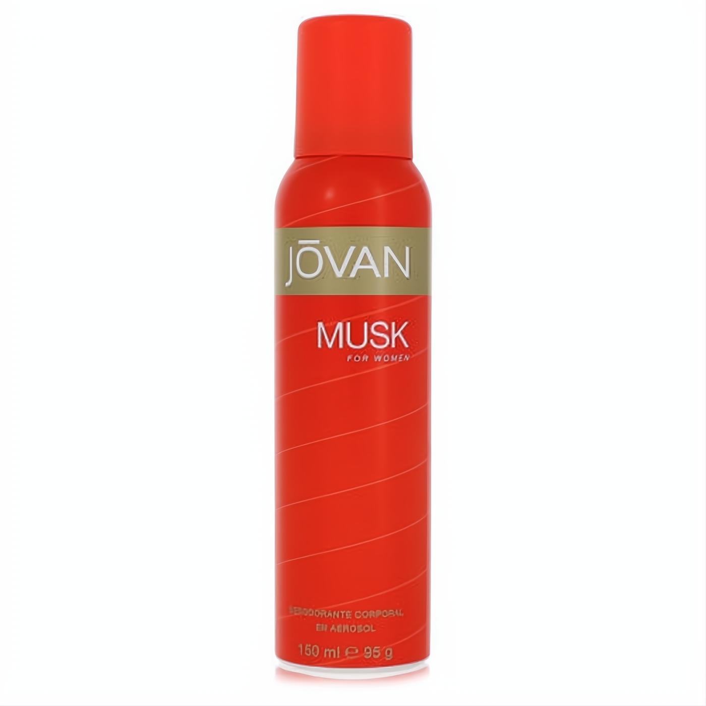 Jovan Musk for Women 150ml deodorant spray. Vibrant red aerosol can with signature gold and white branding.