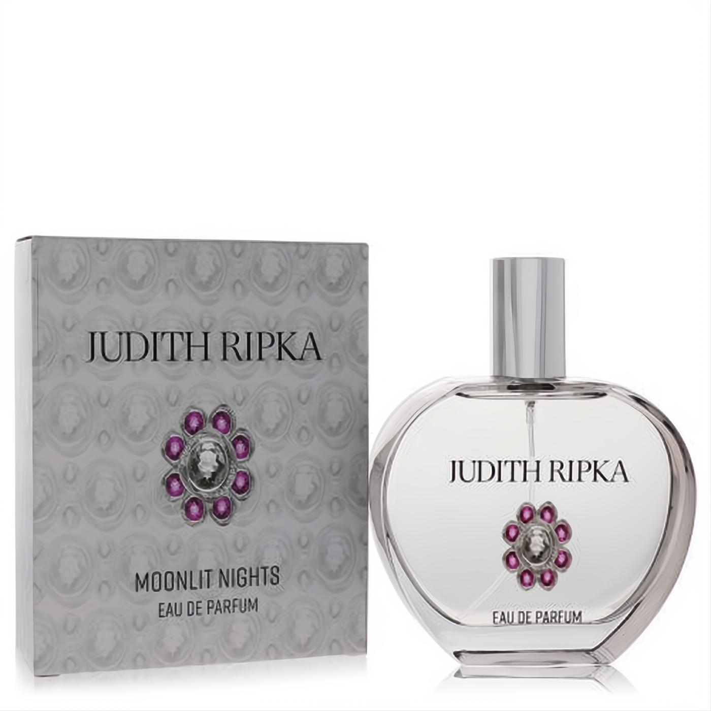 Judith Ripka Moonlit Nights 3.4 oz Eau de Parfum. Elegant clear glass bottle with silver cap and stunning purple jewel, next to its gray box.