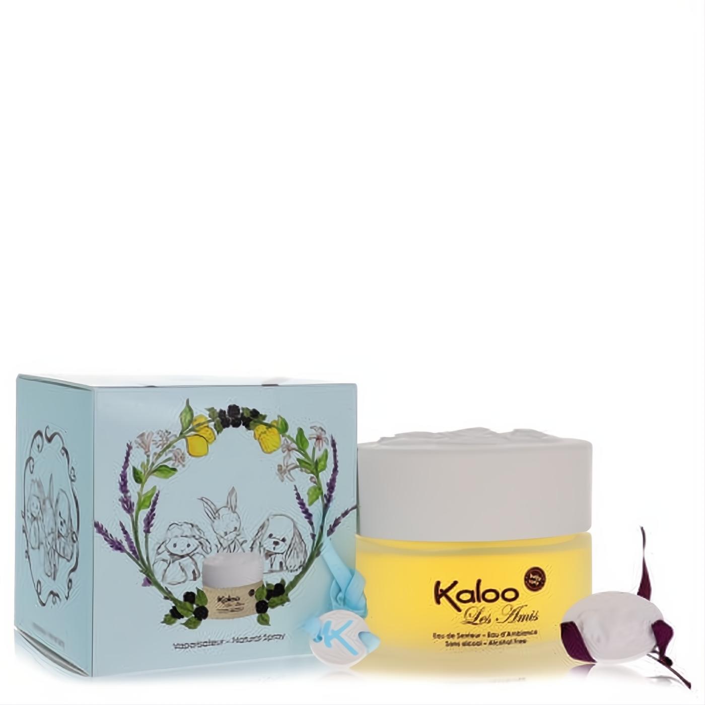 Charming Kaloo Les Amis baby fragrance: yellow spray bottle, white cap, blue box with baby animals, lavender, and lemon. Includes 2 soft sheep bracelets.