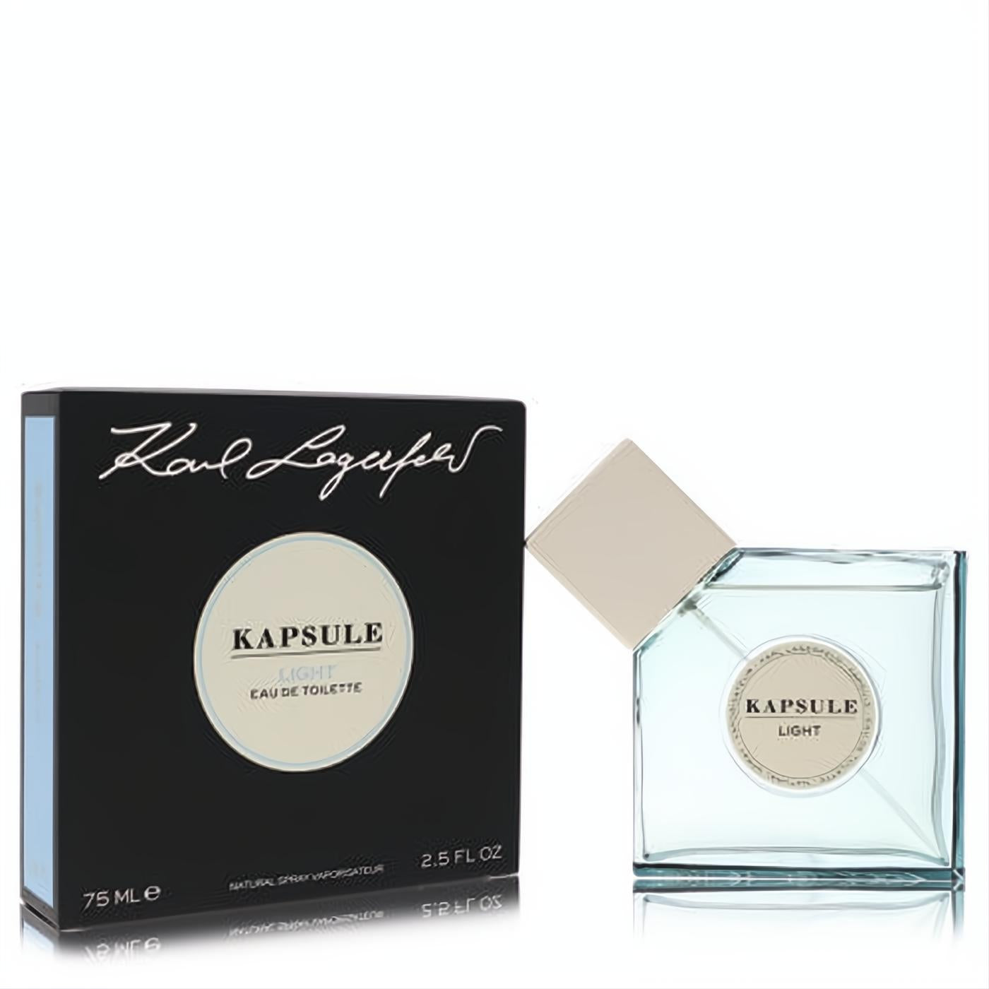 Iconic Kapsule Light by Karl Lagerfeld 2.5 oz Eau De Toilette. Fresh clear glass bottle with light blue tint, beige cap, and sleek black box.
