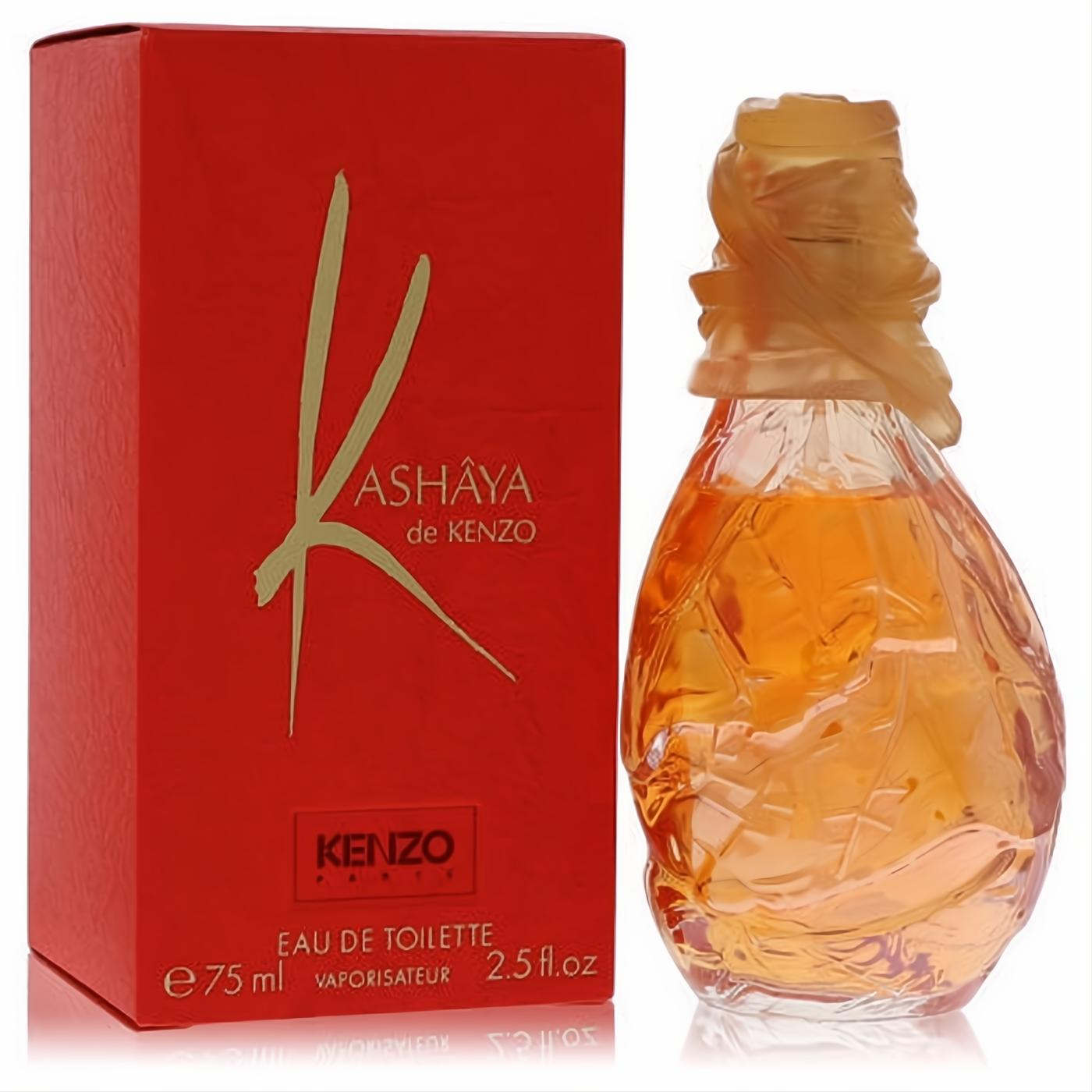 Kashaya De Kenzo 2.5 oz EDT. Vibrant red box, gold K. Amber glass bottle with organic leaf texture and unique sculpted cap.