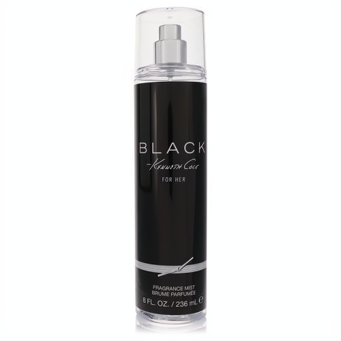 Kenneth Cole Black for Her 8 oz body mist. Chic black bottle, clear cap, and silver sprayer for a captivating fragrance.