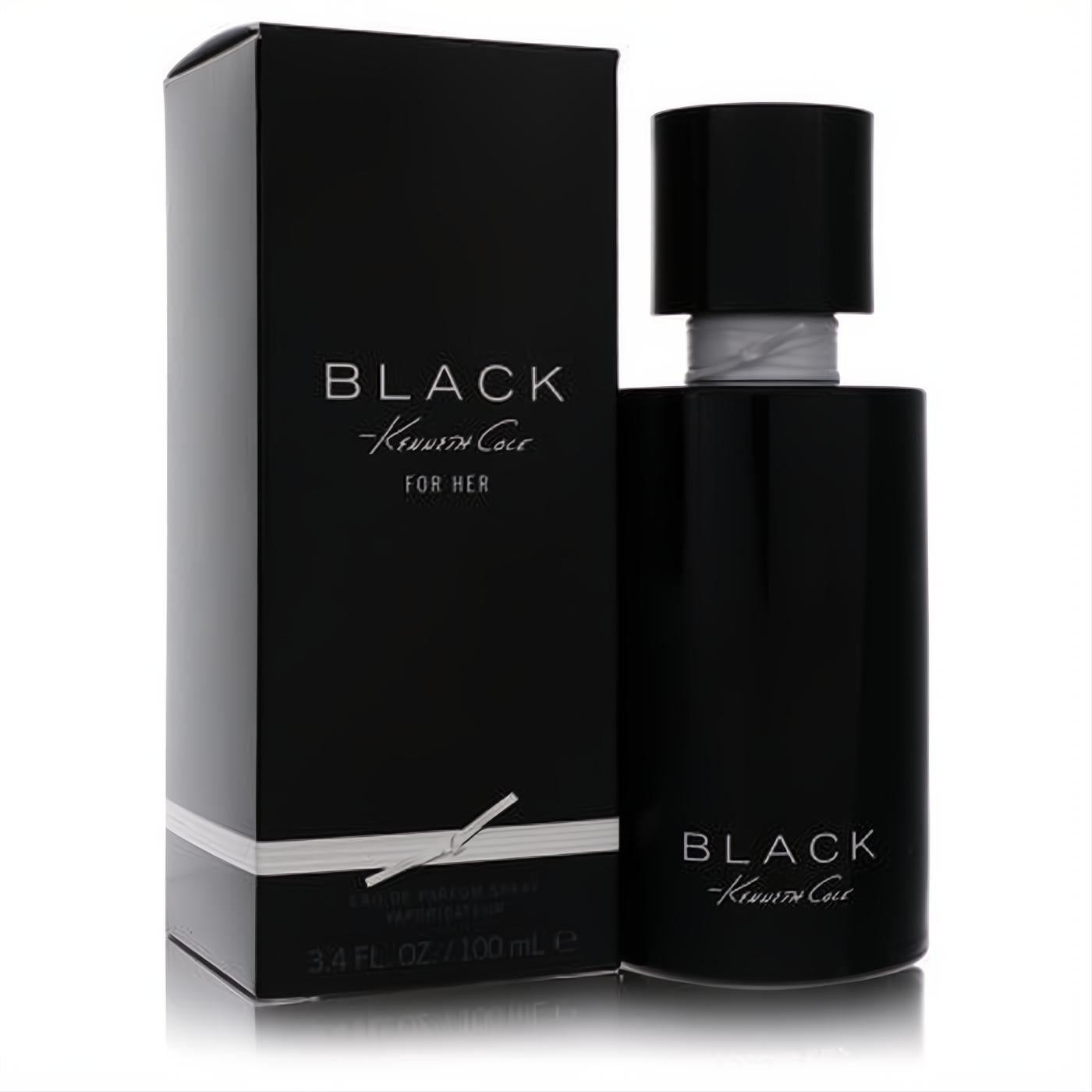 Elegant Kenneth Cole Black 3.4 oz Eau De Parfum for women. Sleek black bottle and box with signature silver details.