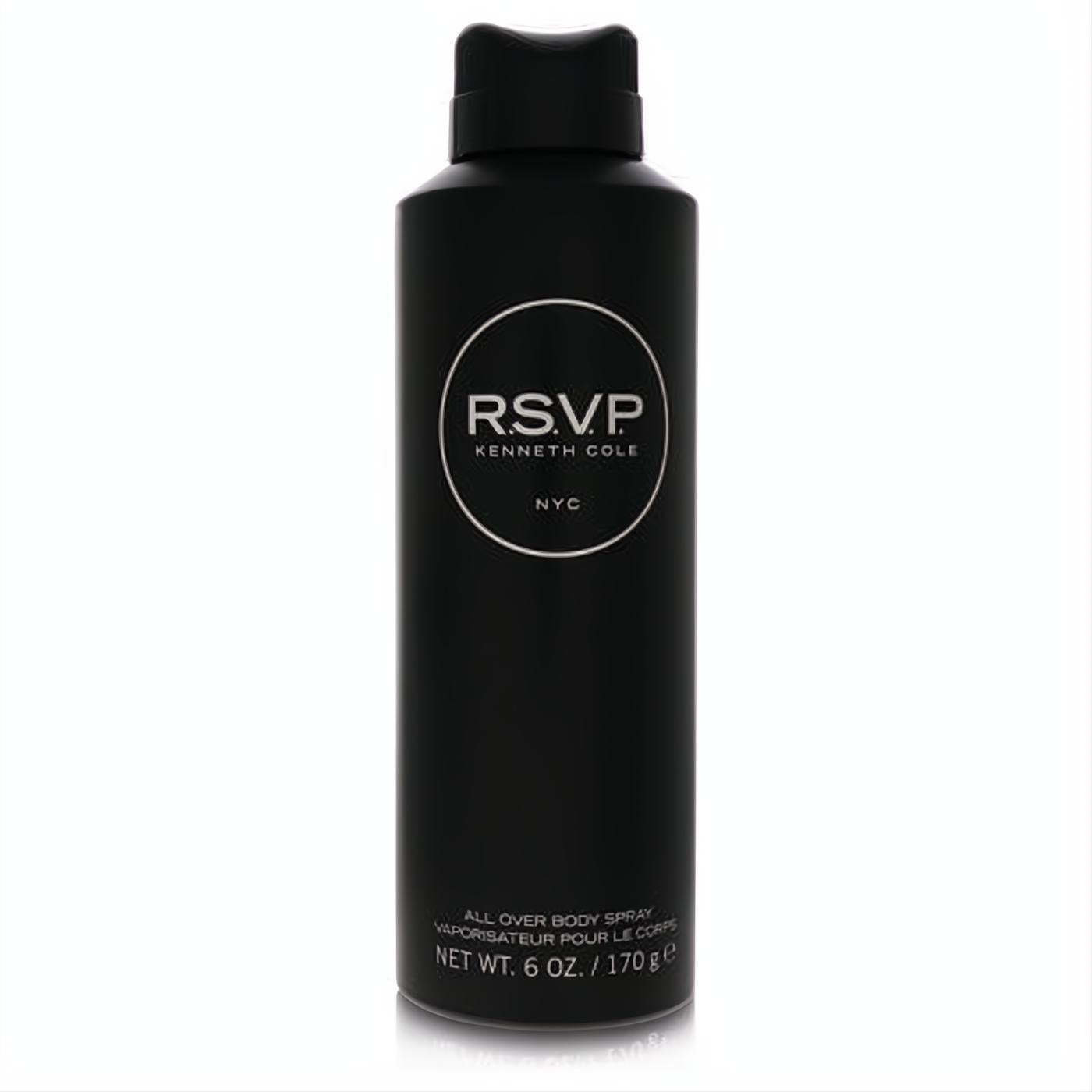 Kenneth Cole RSVP 6 oz men's body spray. Sleek matte black bottle with crisp white logo, perfect for a modern fragrance.