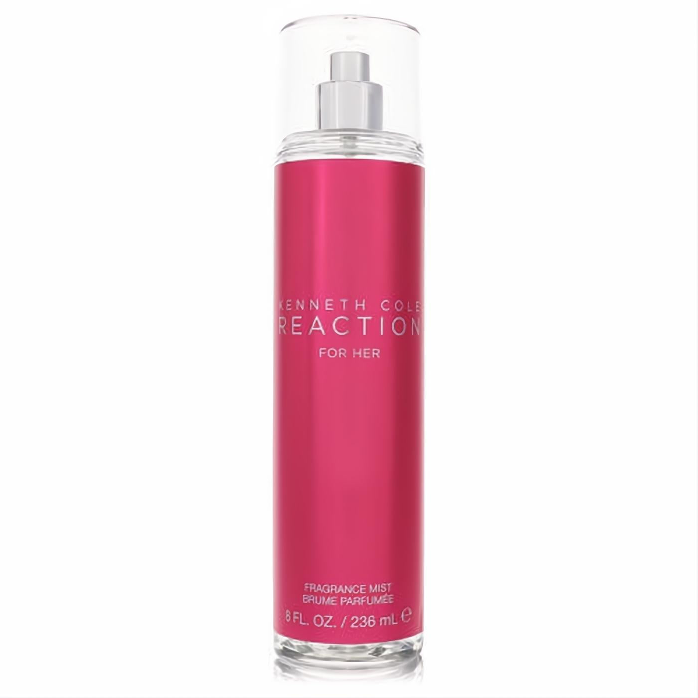 Kenneth Cole Reaction 8 oz women's body mist. Vibrant fuchsia pink bottle, clear cap, silver sprayer.