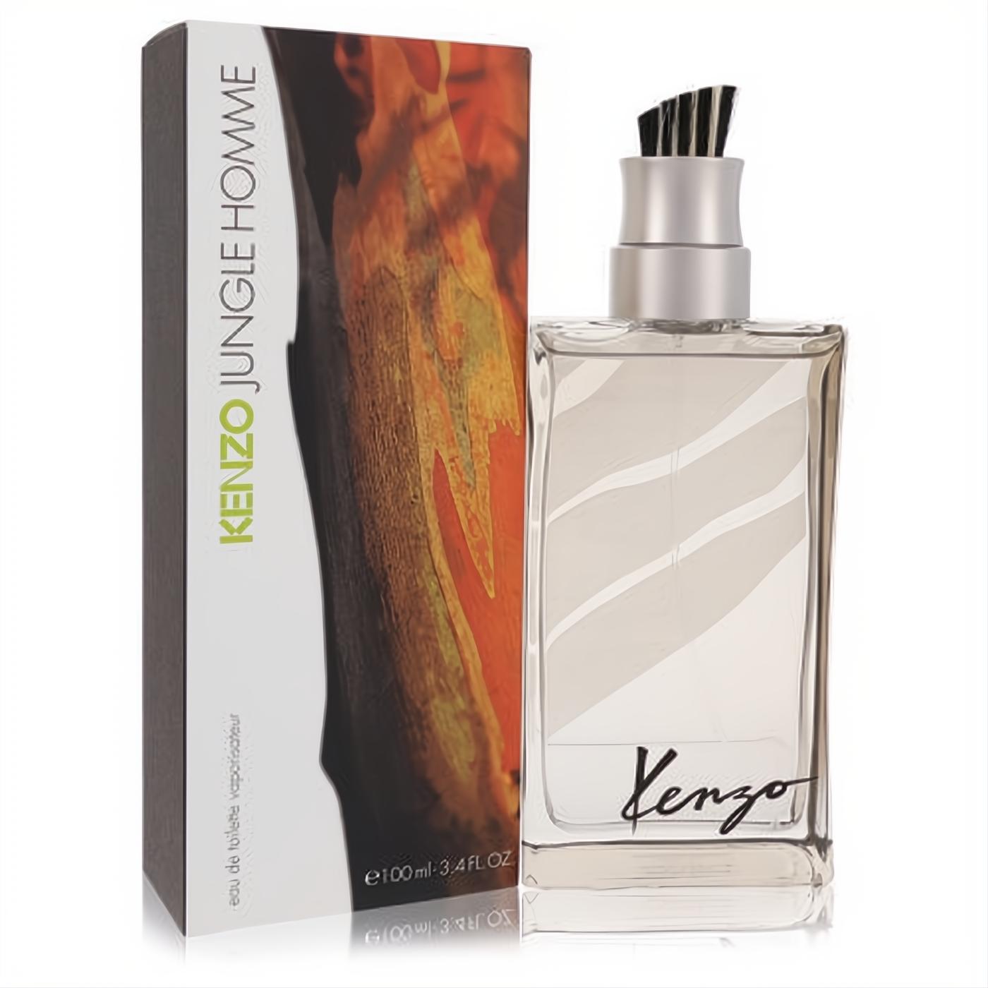 Elevate your scent with Kenzo Jungle Homme 3.4 oz EDT. Clear glass bottle, unique brush cap, and a striking jungle-print box.