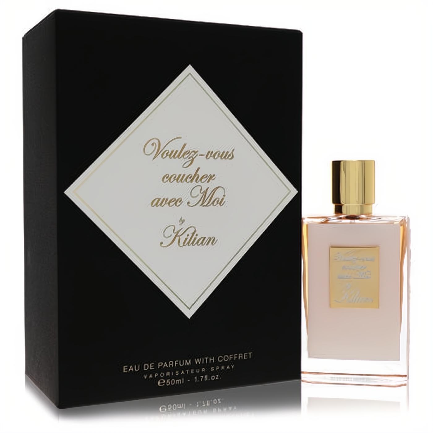 Sophisticated Kilian Voulez-Vous Coucher Avec Moi 1.7 oz EDP. Black box with diamond label, clear bottle, peach fragrance, gold cap.