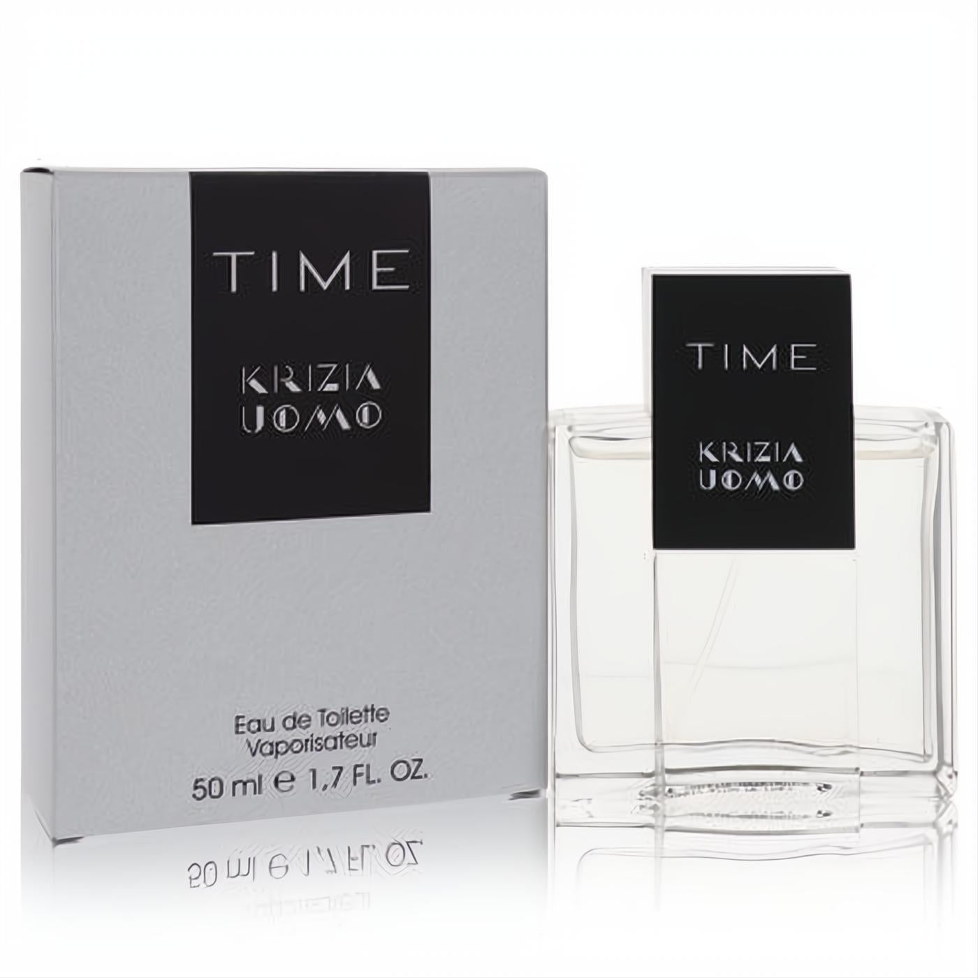 Krizia Time Uomo 1.7 oz EDT spray for men. Elegant clear glass bottle with bold black label and sleek silver box.