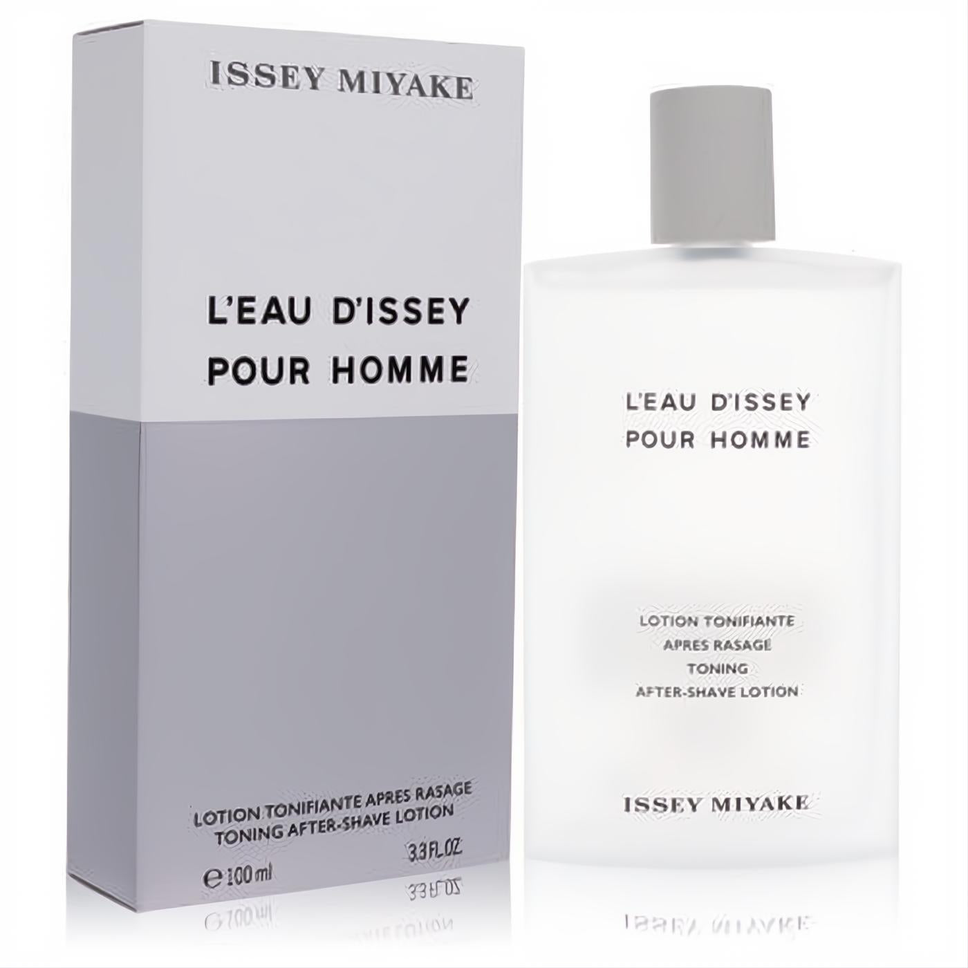 Elevate your routine with Issey Miyake L'Eau D'Issey Pour Homme 3.3oz frosted after-shave lotion in a sleek white bottle and box.