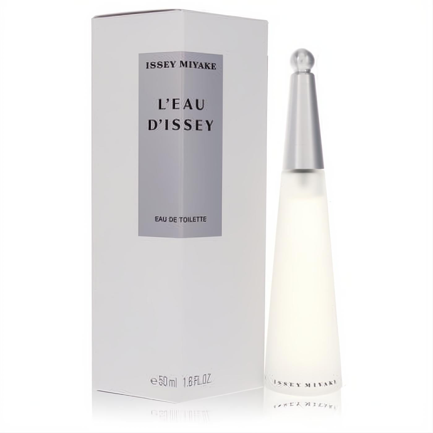 Discover Issey Miyake L'Eau D'Issey 1.6 oz EDT, a fresh aquatic fragrance in its elegant frosted conical bottle with silver cap.