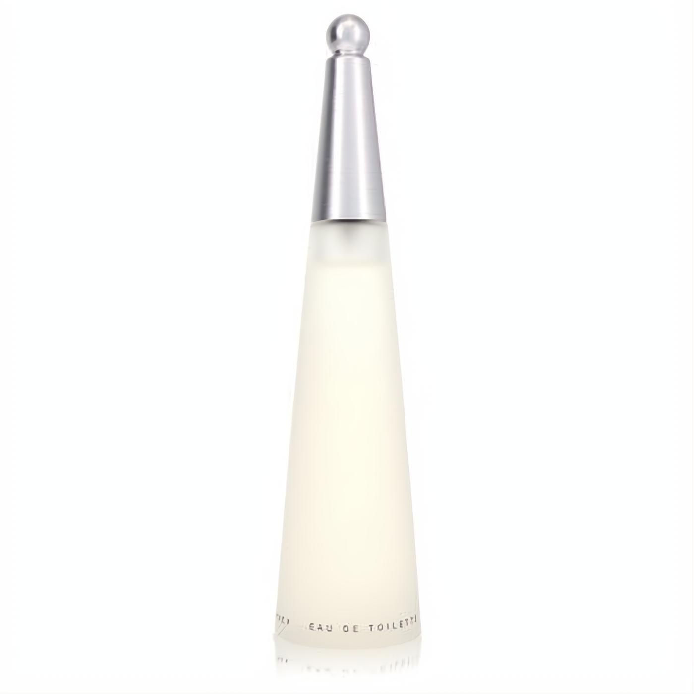 Elevate your senses with L'EAU D'ISSEY Issey Miyake 3.3 oz EDT. Frosted white glass, sleek silver cap. Aquatic floral fragrance.