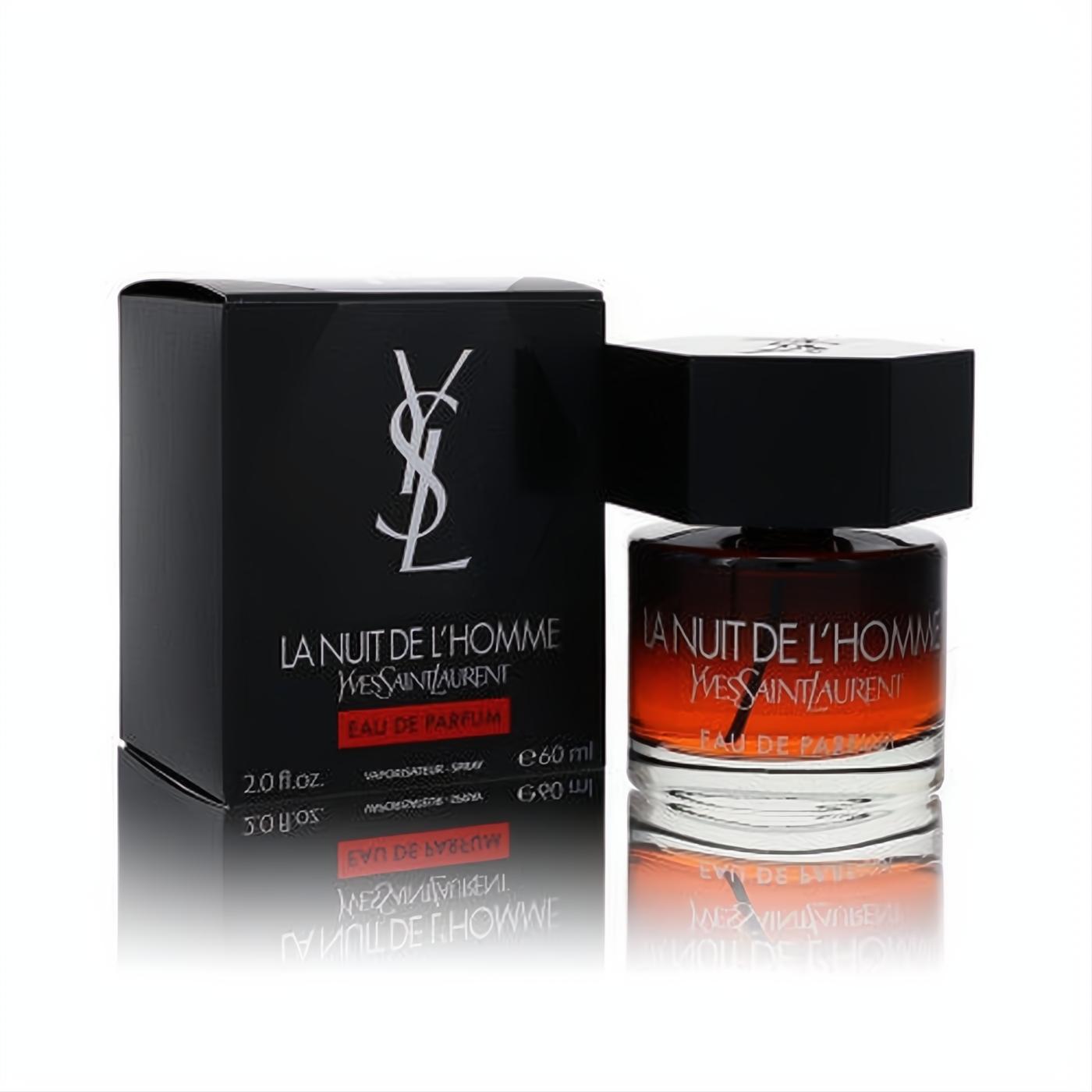 Yves Saint Laurent La Nuit De L'Homme 2 oz Eau De Parfum. Elegant dark amber bottle, black hexagonal cap, and matching black YSL logo box.