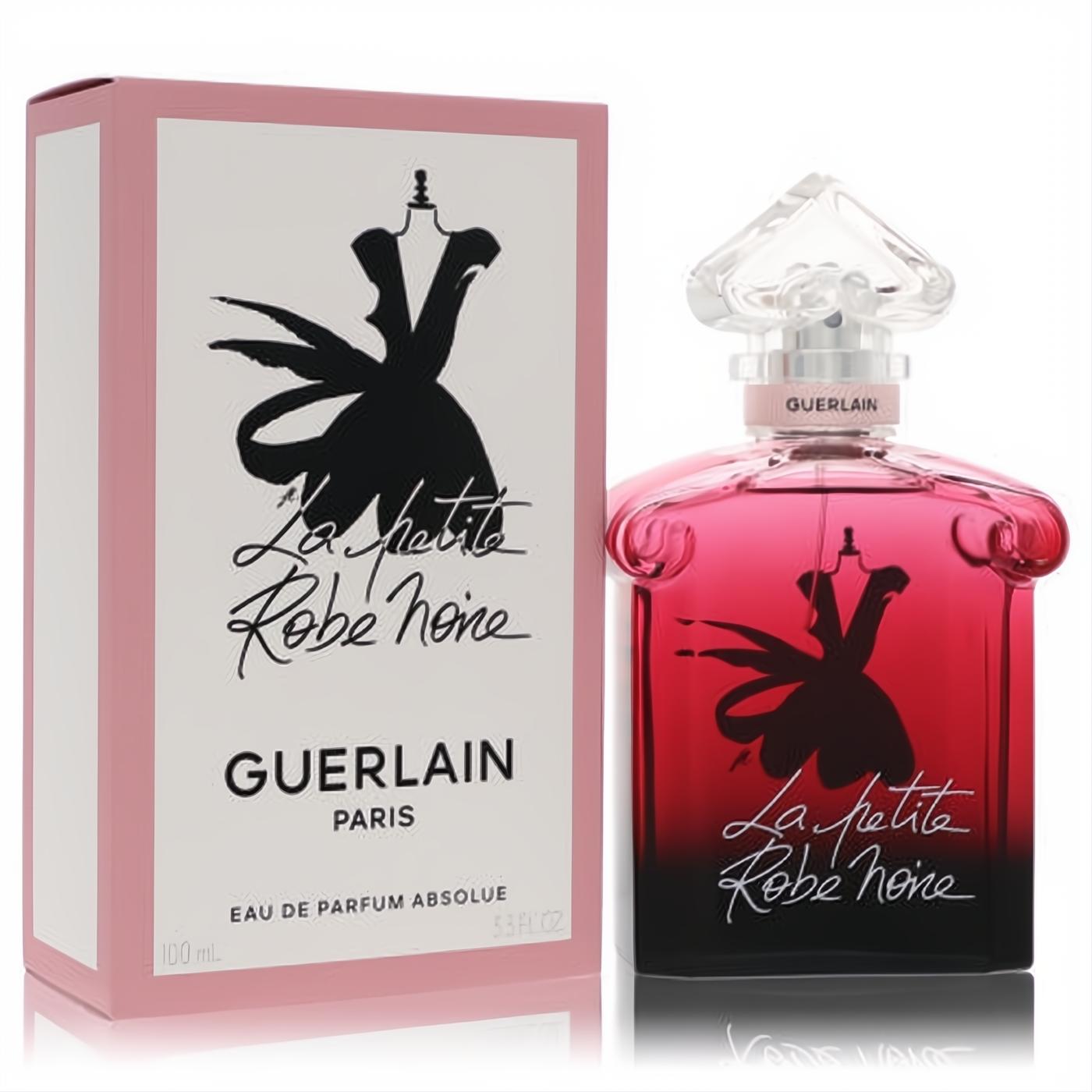 Guerlain La Petite Robe Noire Absolue 3.3 oz EDP. Elegant pink-to-black gradient bottle with faceted stopper and iconic dress silhouette.