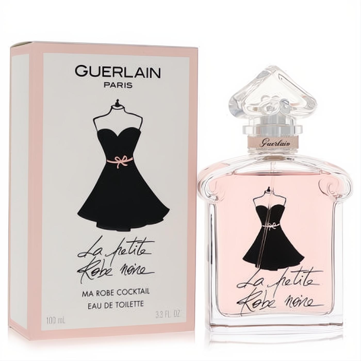 Elegant Guerlain La Petite Robe Noire 3.4 oz EDT. Chic pink box and clear glass bottle with rose-tinted fragrance and iconic dress design.