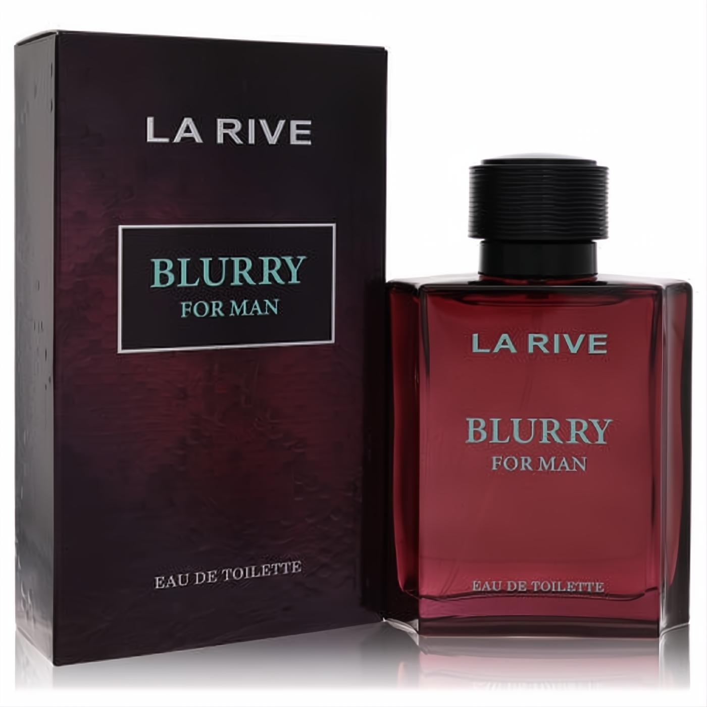 Bold La Rive Blurry men's EDT in a rich dark red glass bottle with black cap, beside its striking textured box.