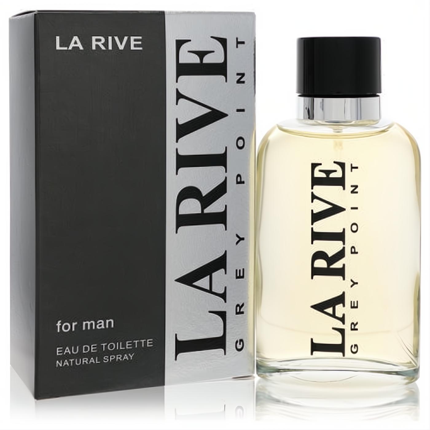 Sophisticated La Rive Grey Point EDT for men. Clear glass bottle with amber fragrance, black cap, and sleek black & silver packaging.