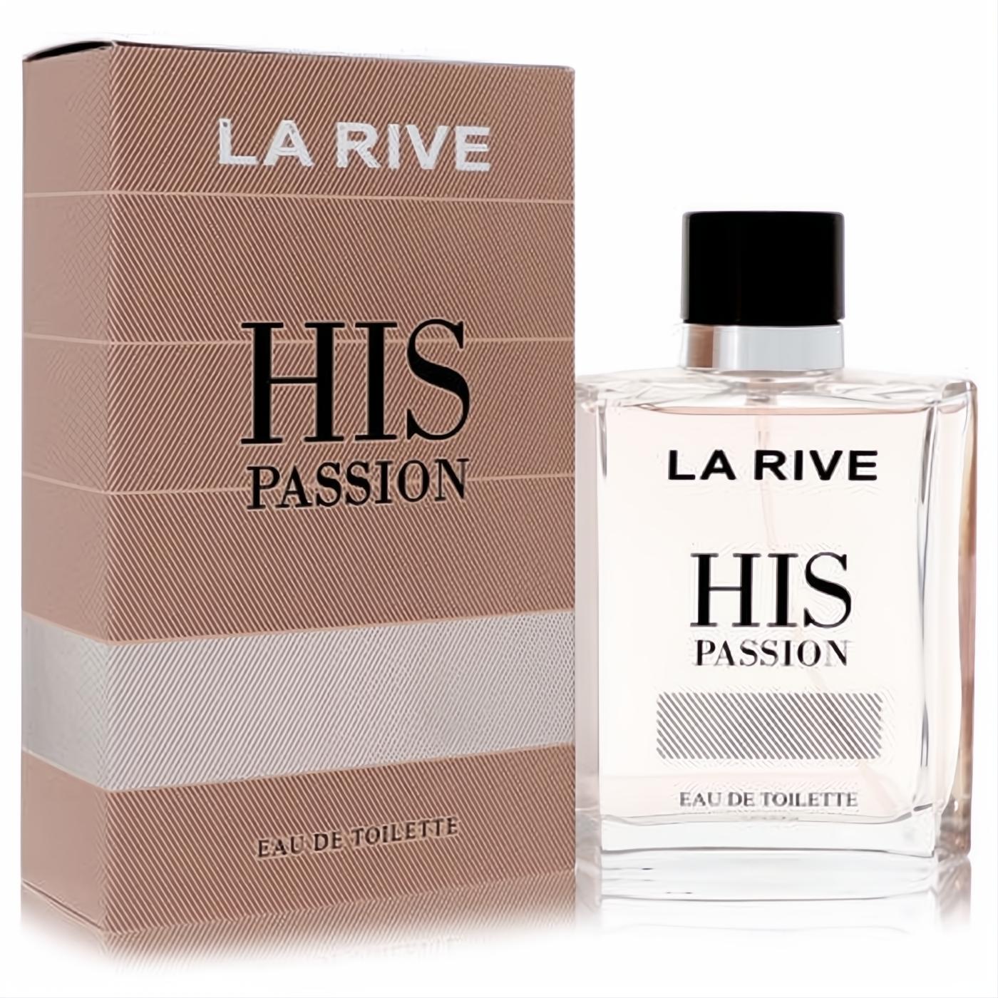 La Rive His Passion men's EDT, 3.3 oz. Clear rectangular bottle with black cap and elegant striped warm brown packaging.