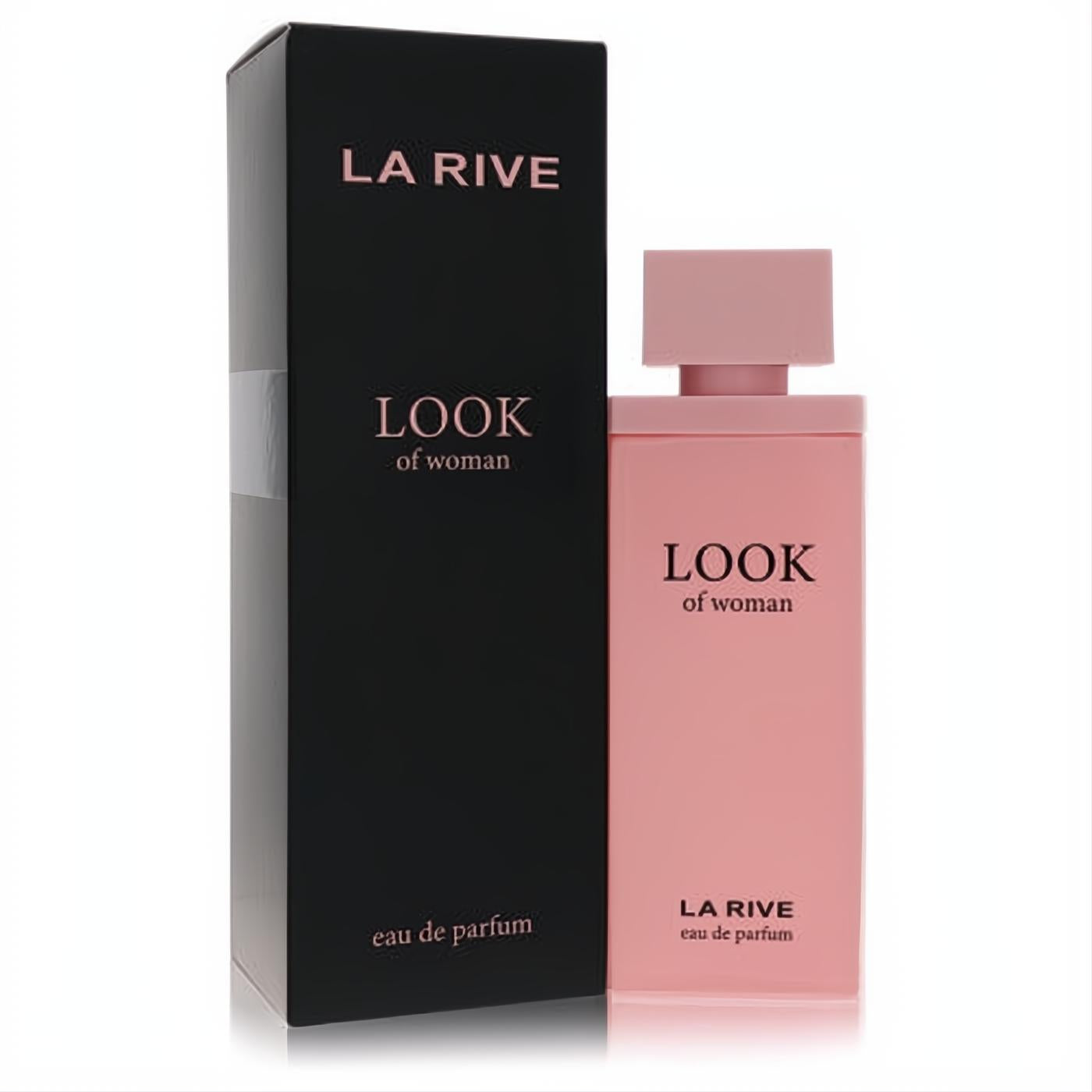 Modern La Rive Look Of Woman Eau De Parfum in a blush pink rectangular bottle with a matching cap, beside its sleek black box.