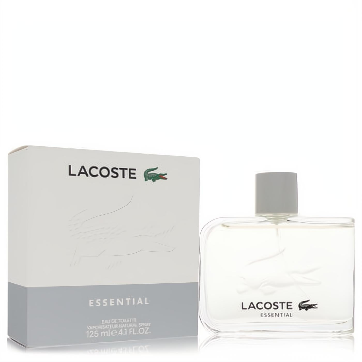 Sleek Lacoste Essential 4.2 oz men's Eau De Toilette spray. Clear glass bottle, gray cap, and white box with iconic green crocodile logo.