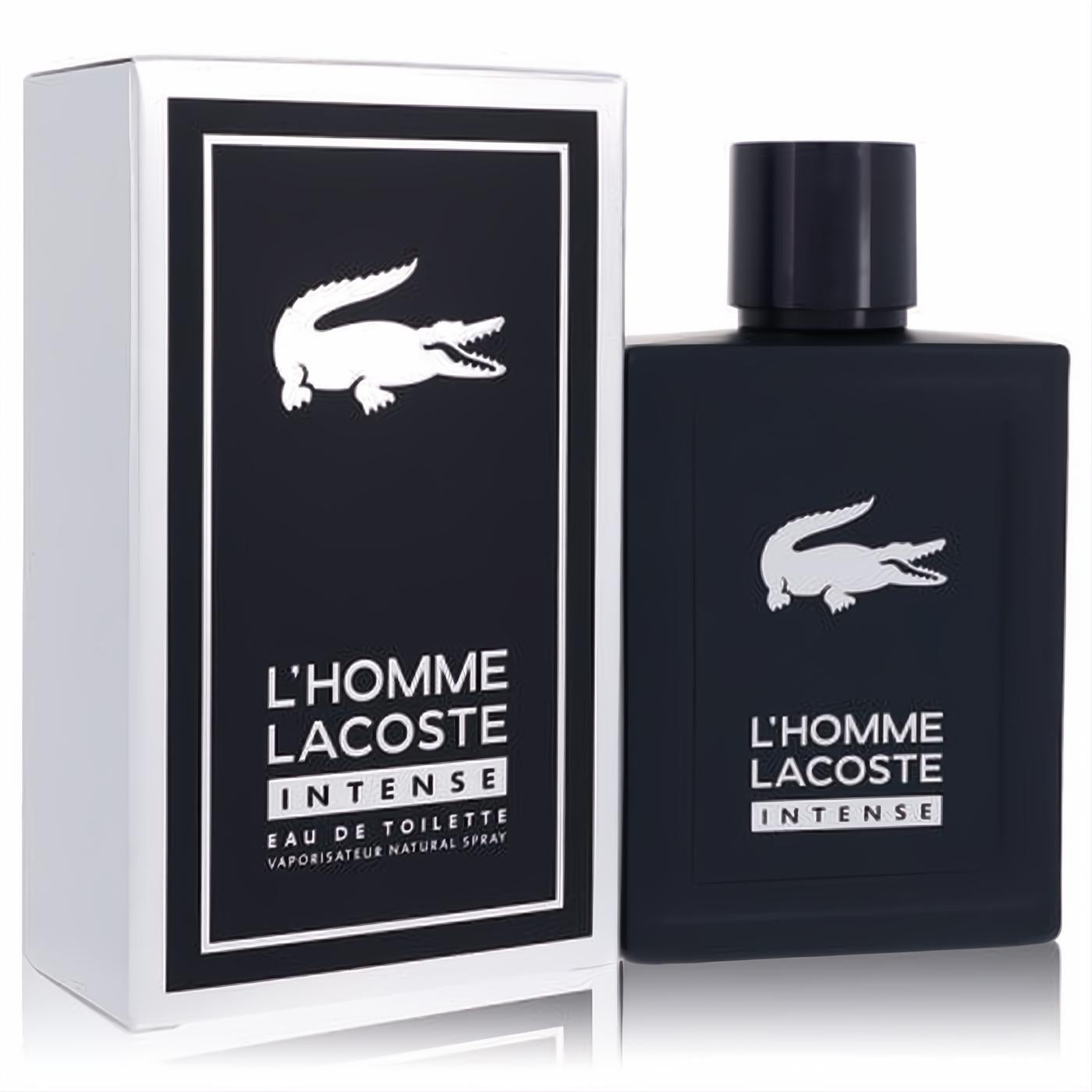 Lacoste L'homme Intense 3.3 oz men's EDT. Bold dark blue bottle & white box with signature crocodile logo.