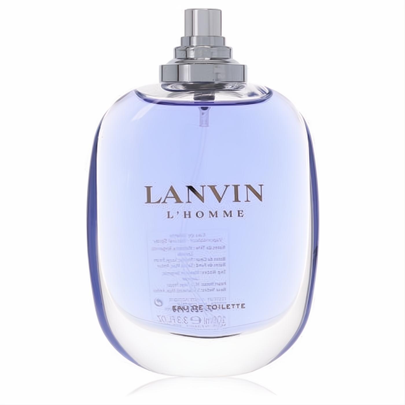 Sophisticated Lanvin L'Homme 3.4 oz Eau De Toilette for men, featuring a clear glass bottle with light blue fragrance and silver atomizer.