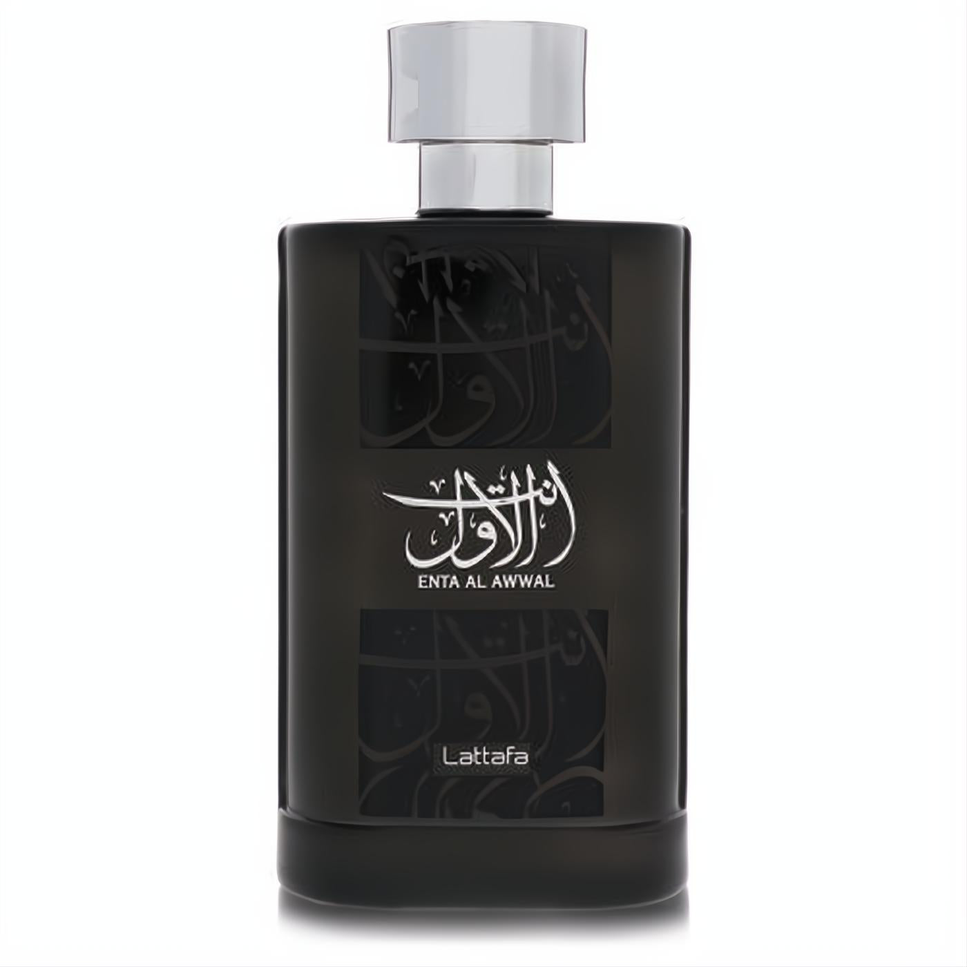 Sophisticated Lattafa Enta Al Awwal EDP. Dark rectangular bottle, shiny silver cap, and elegant white Arabic script design.