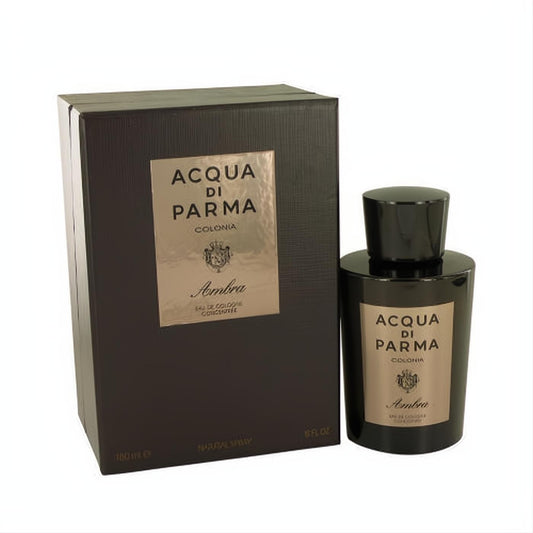 Sophisticated Acqua di Parma Ambra 6 fl. oz. cologne. Dark brown glass bottle and box with elegant gold label.