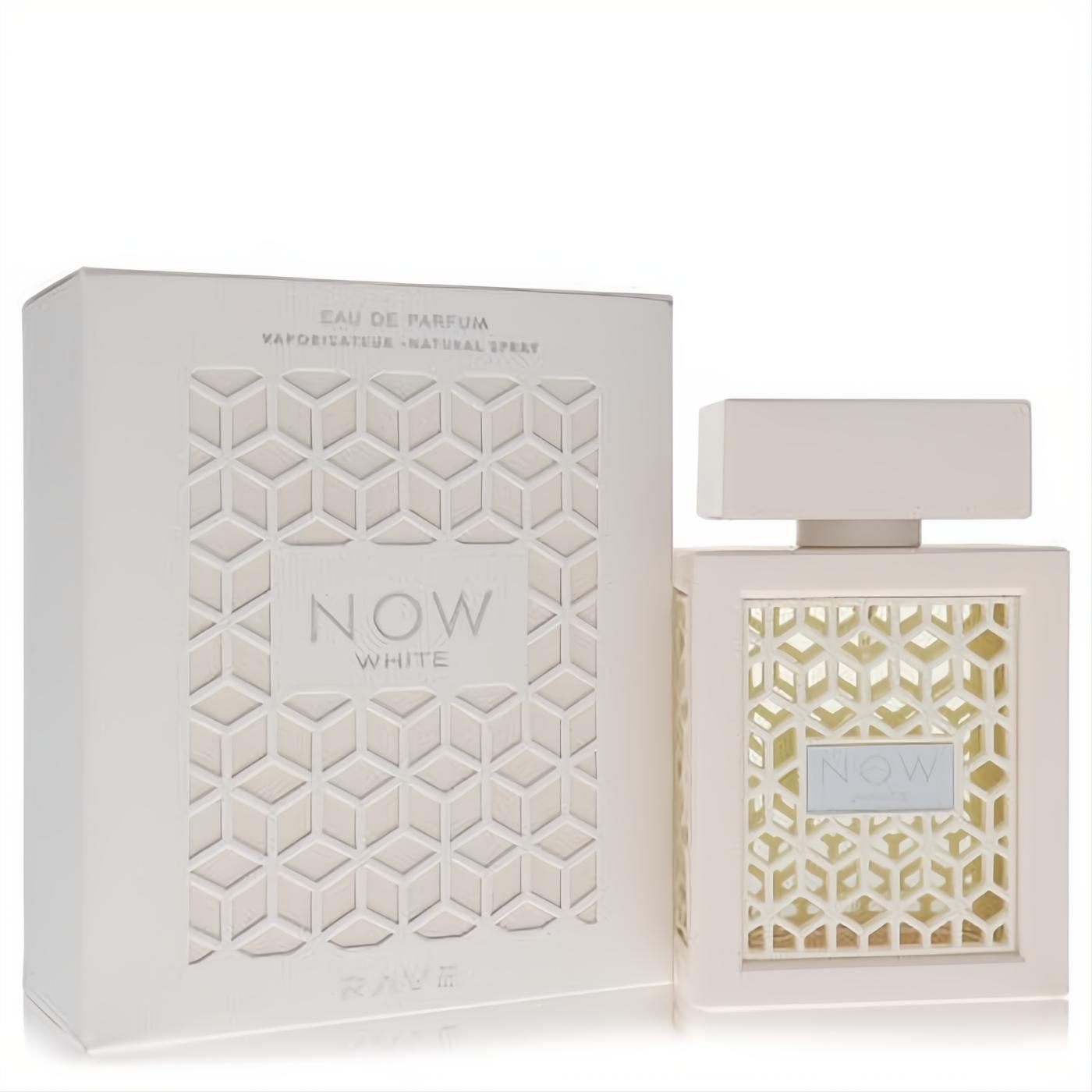 Lattafa Rave Now White 3.4 oz EDP. Elegant white bottle and box with modern geometric cutout design, showcasing 'NOW WHITE'.