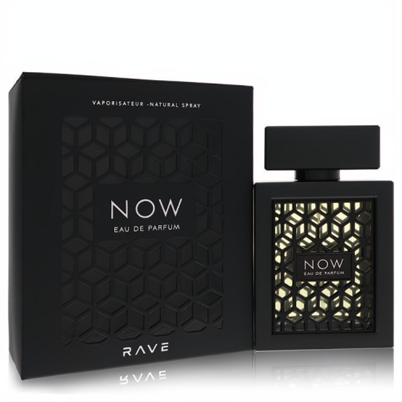 Lattafa Rave Now 3.4 oz men's Eau De Parfum. Bold black bottle and box feature a striking geometric design.