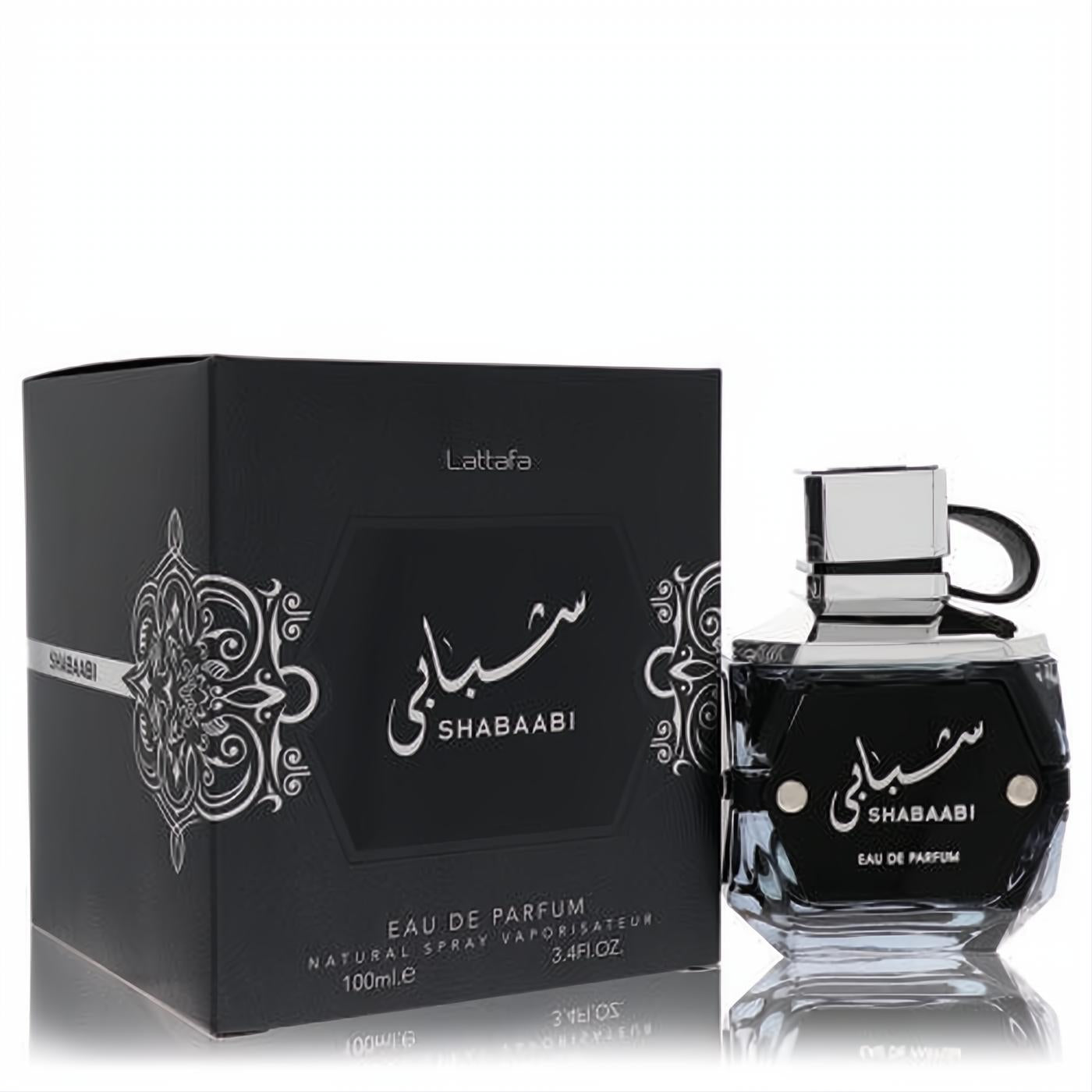 Lattafa Shabaabi unisex Eau De Parfum. Elegant black 3.4 oz bottle with silver cap, beside its luxurious black patterned box.