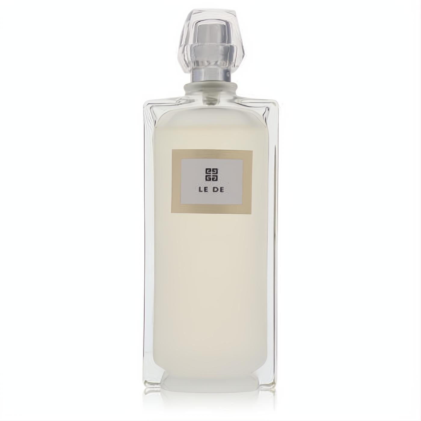 Givenchy Le De 3.4 oz women's fragrance. Sleek clear glass bottle, light liquid, and a luxurious faceted cap.