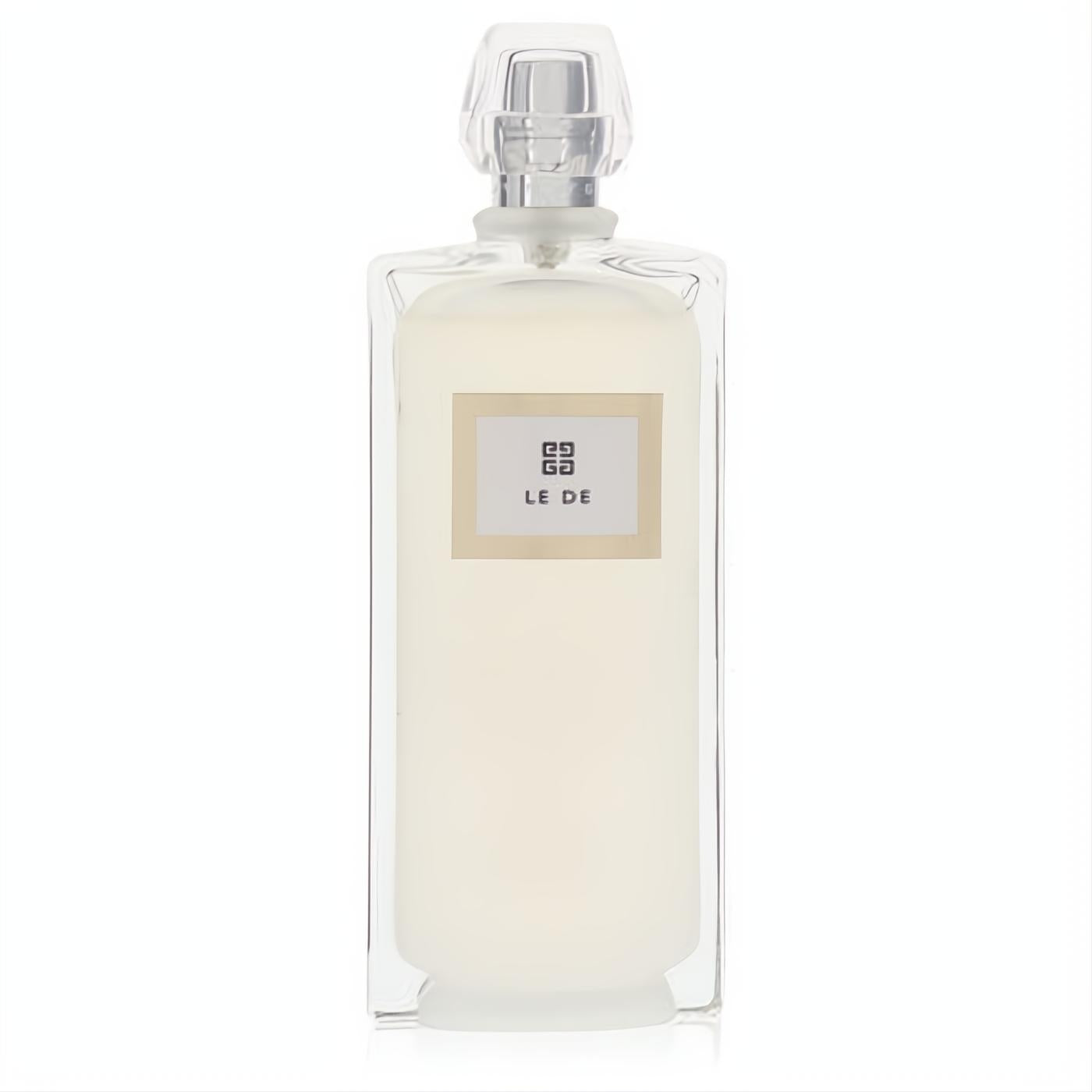 Sophisticated Le De by Givenchy 3.3 oz EDT spray tester. Clear glass bottle with milky white fragrance and elegant faceted cap.