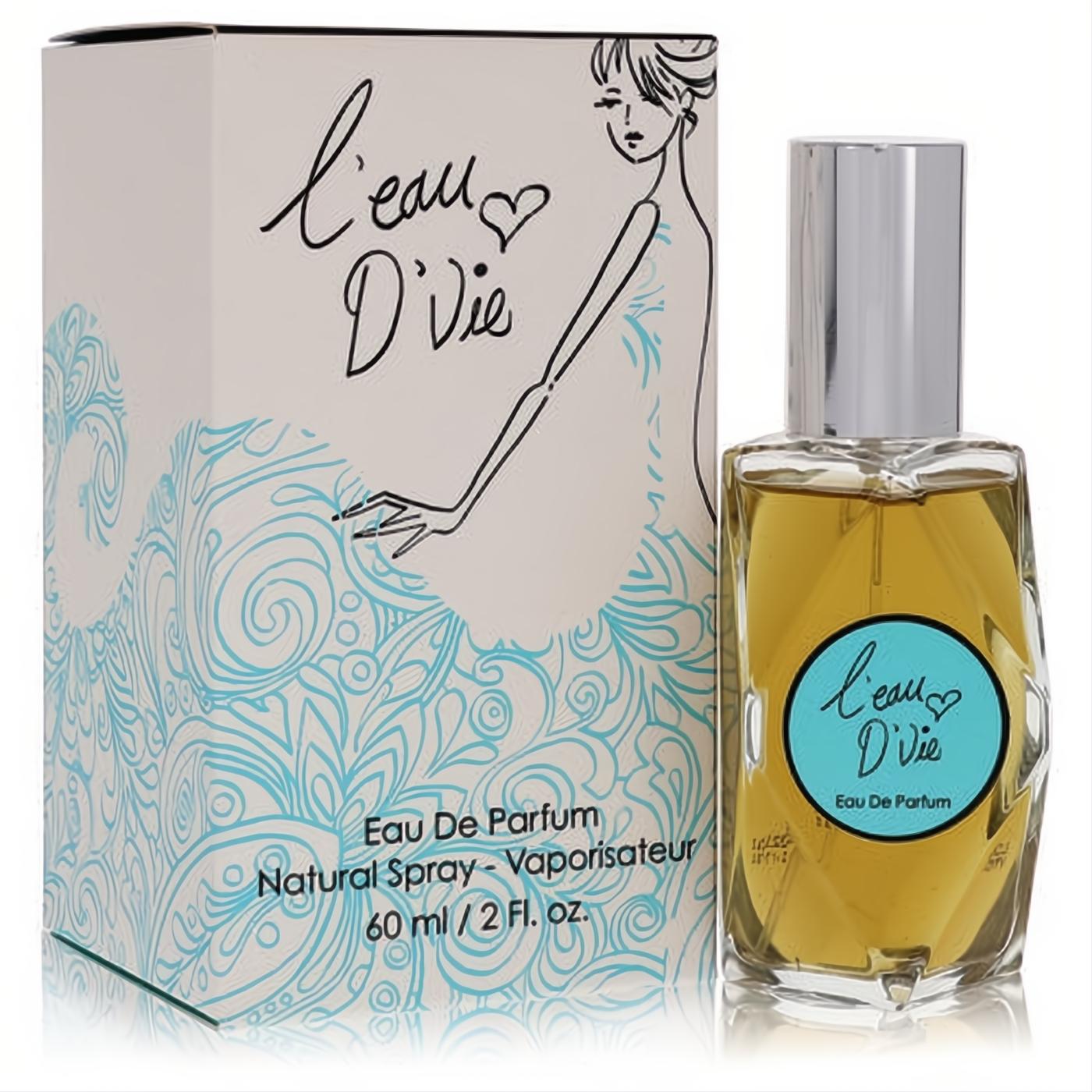 L'eau De Vie 2 oz Eau De Parfum. Elegant faceted glass bottle with amber liquid, silver cap, blue label, and artistic white box.