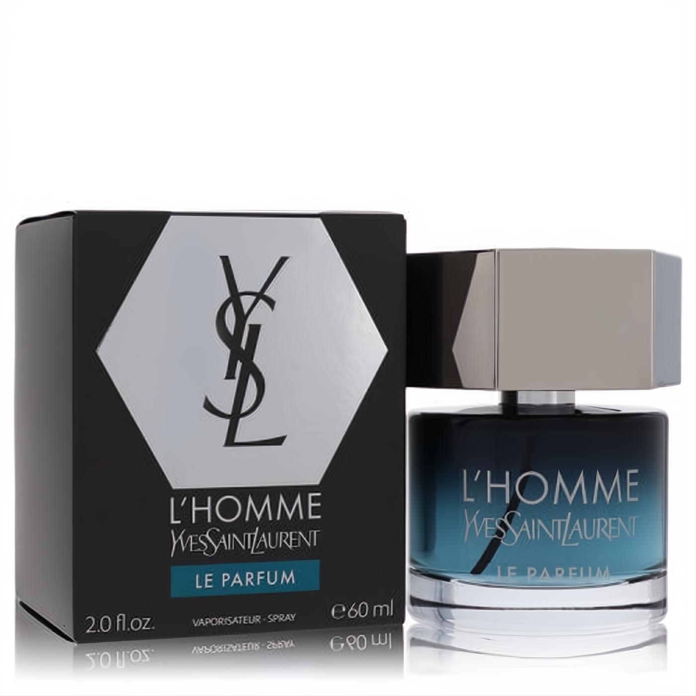 Exquisite L'Homme Le Parfum by YSL, 2.0 fl.oz. bottle with sleek silver cap and gradient blue glass, beside its elegant black YSL box.