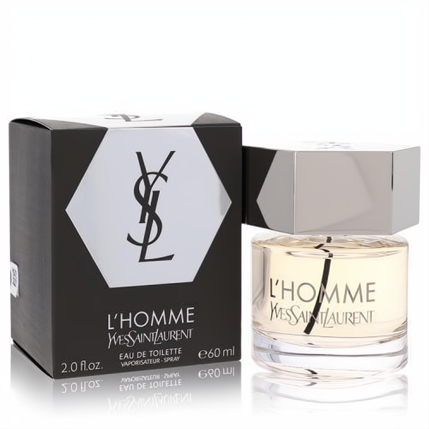 L'Homme Yves Saint Laurent 2 oz Eau de Toilette spray. Elegant clear glass bottle and black hexagonal box with silver YSL logo.